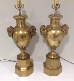 Pair Brass or Bronze Rams Head Lamps by Maitland Smith