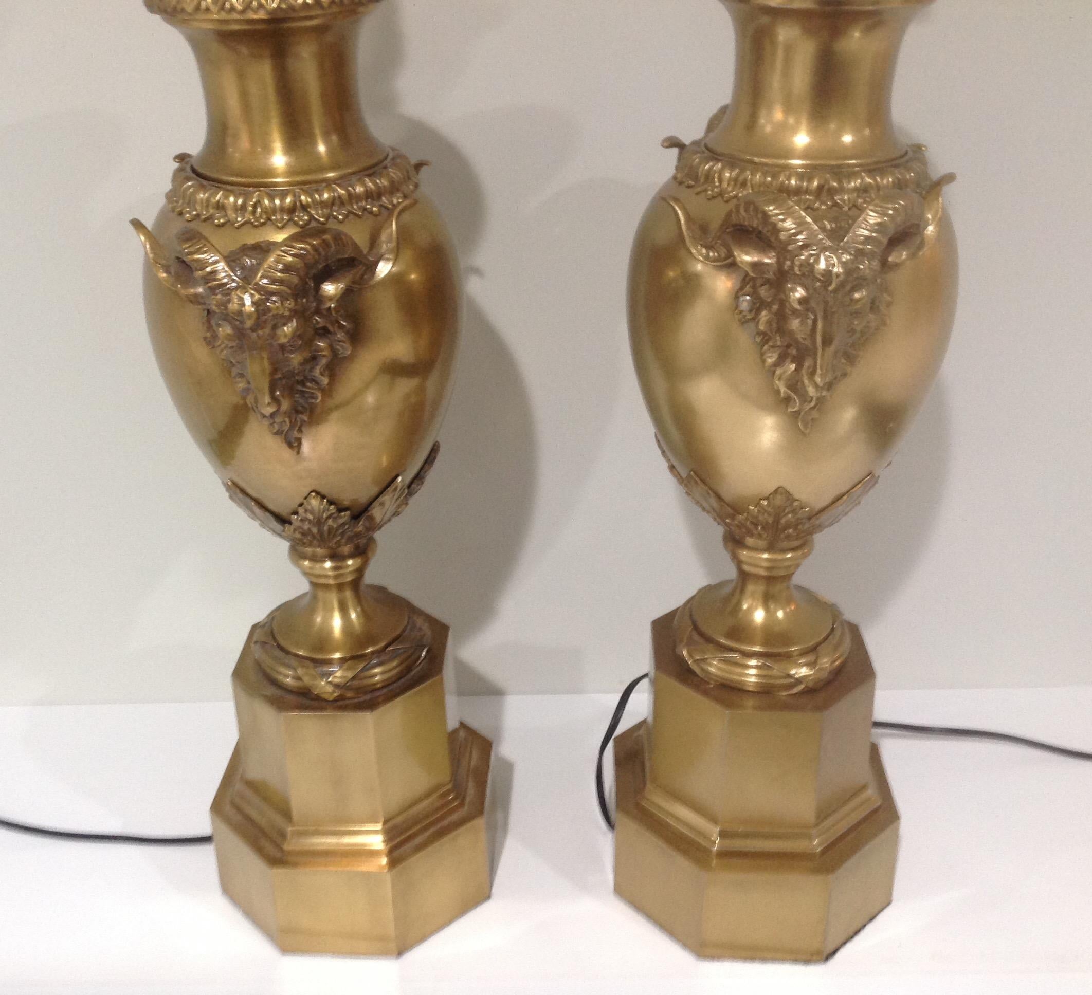 American Pair Brass or Bronze Rams Head Lamps by Maitland Smith For Sale