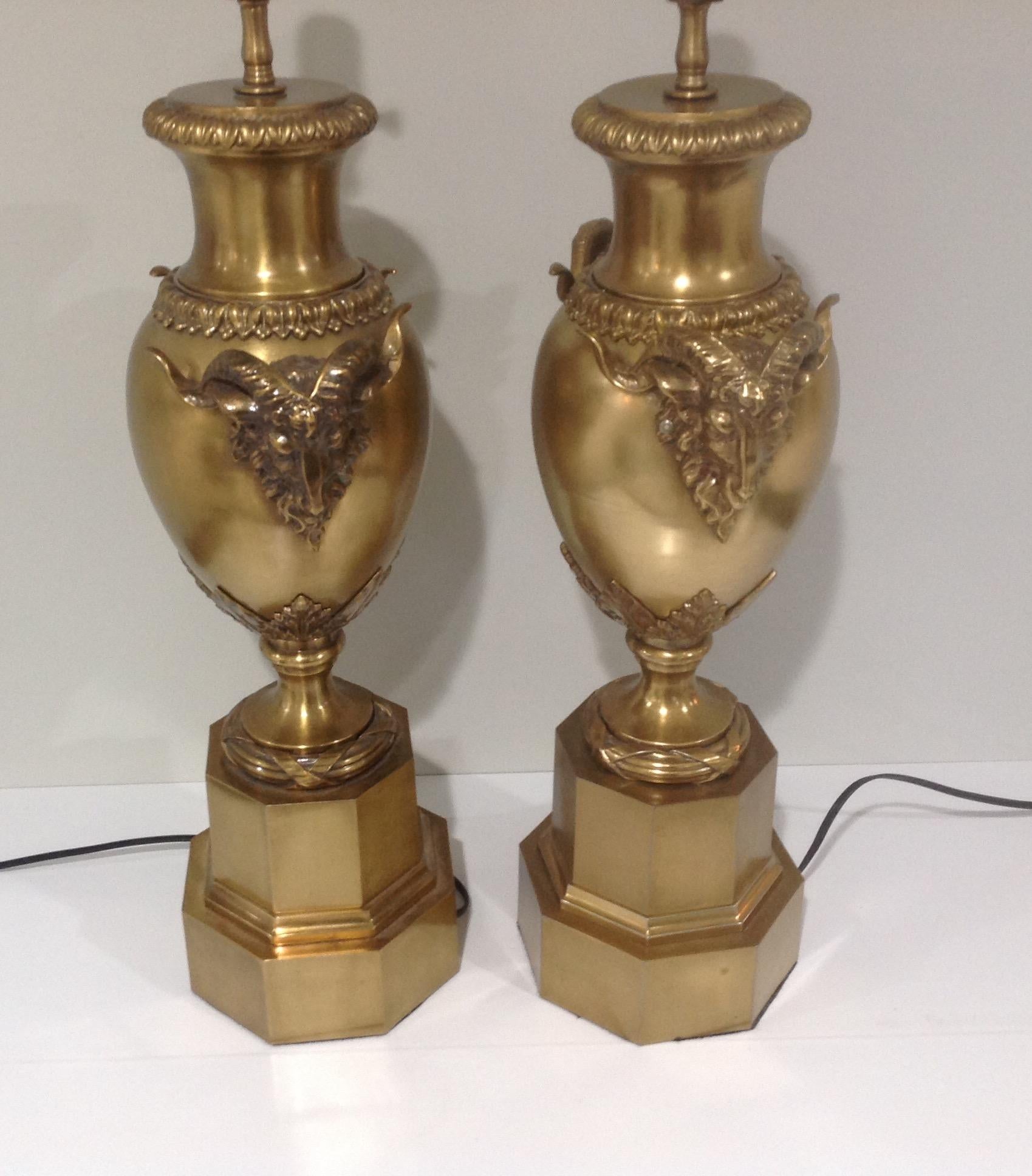 Late 20th Century Pair Brass or Bronze Rams Head Lamps by Maitland Smith For Sale
