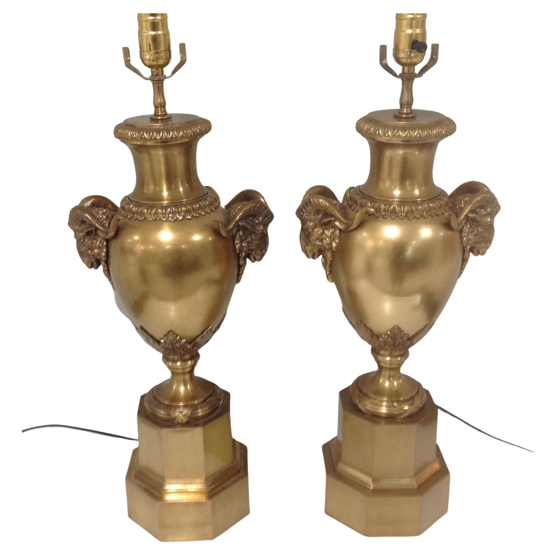 Pair Brass or Bronze Rams Head Lamps by Maitland Smith For Sale