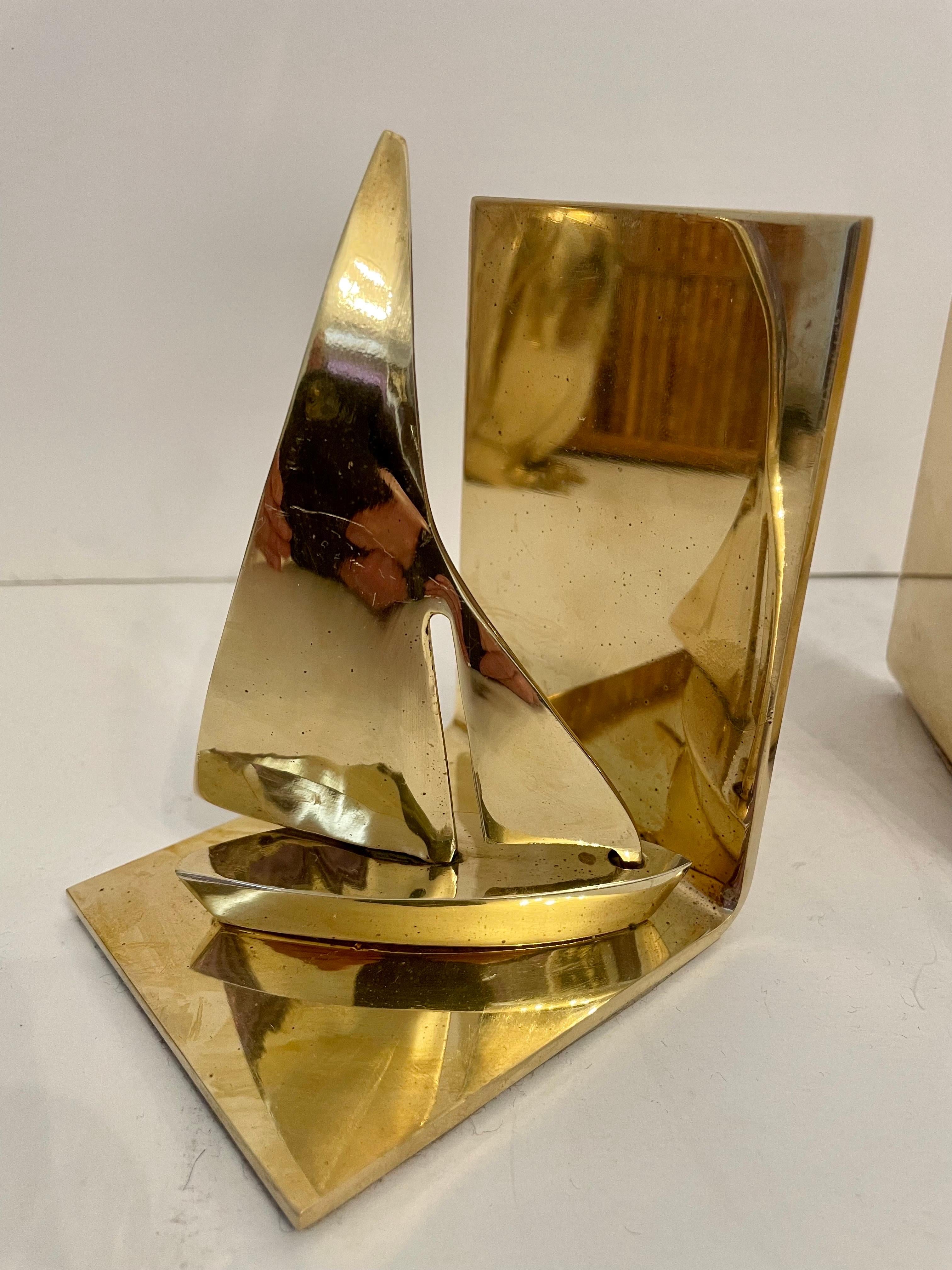 Hollywood Regency Pair Brass Sailboat Bookends For Sale