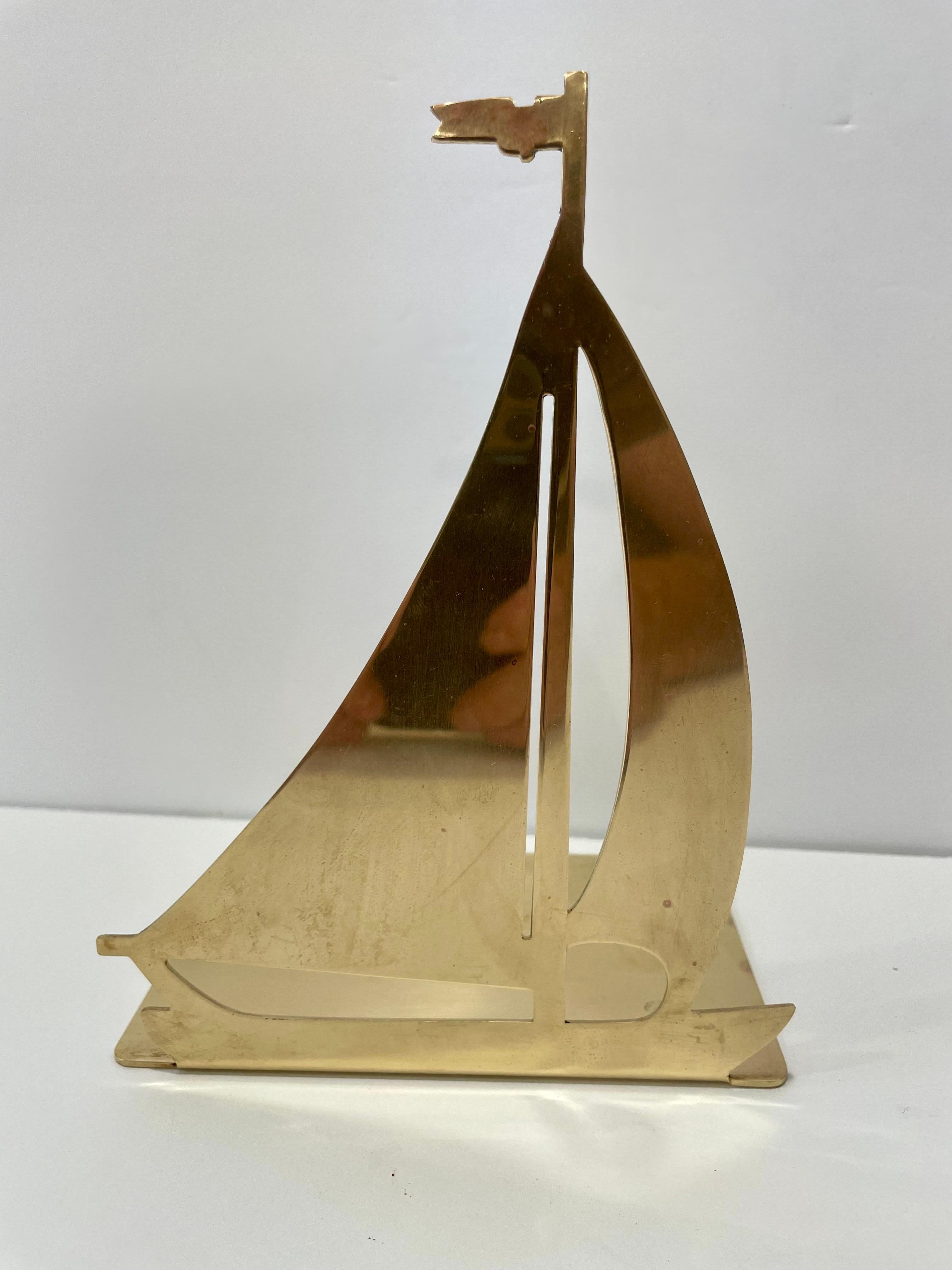 Hollywood Regency Pair Brass Sailboat Bookends For Sale