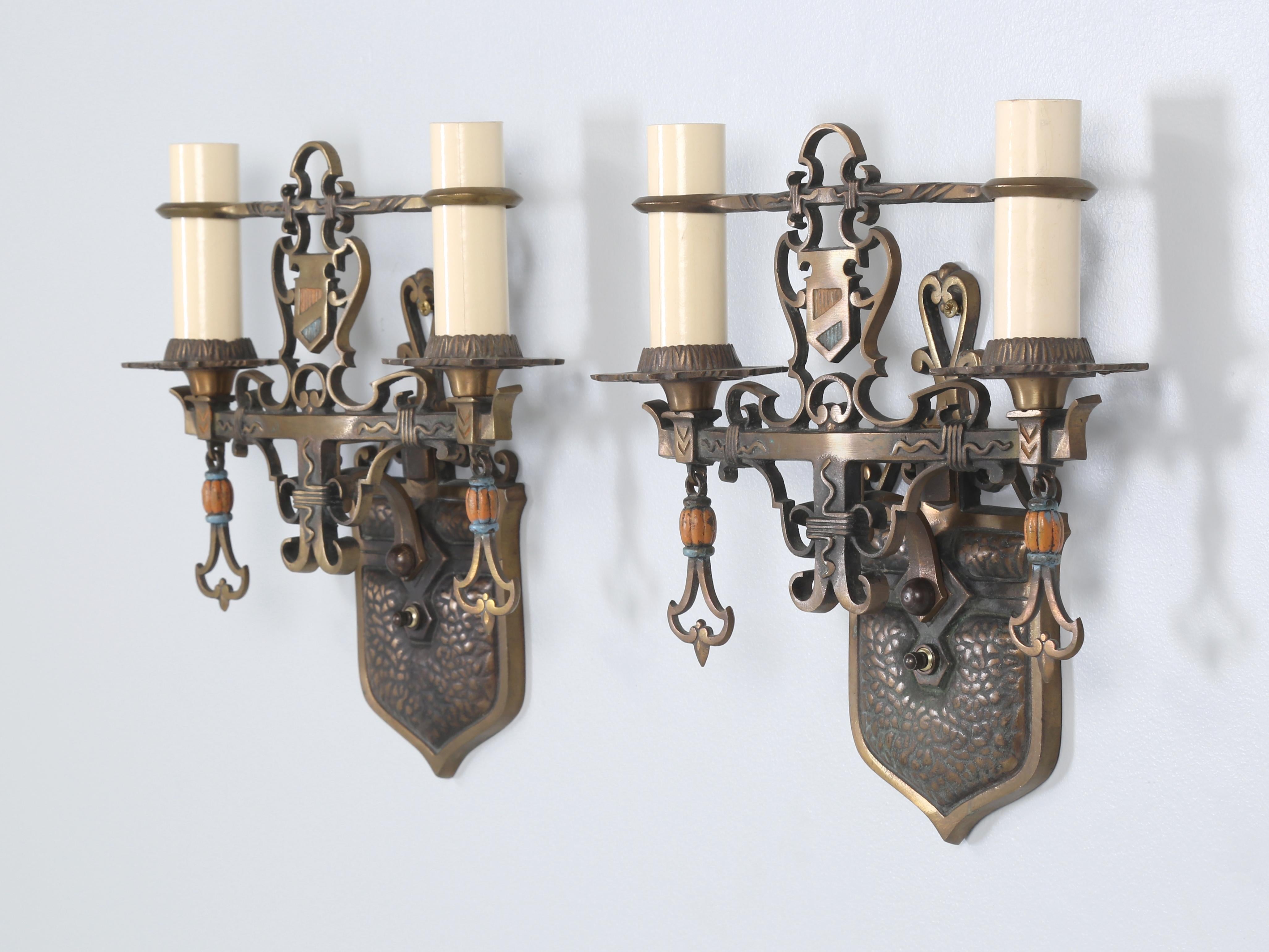 Our pair of hand-made solid brass sconces were removed from The John Rogerson Montgomery House, which was a residence designed by architect Howard Van Doren Shaw in Glencoe, Illinois. It is considered to be a significant example of Georgian Revival