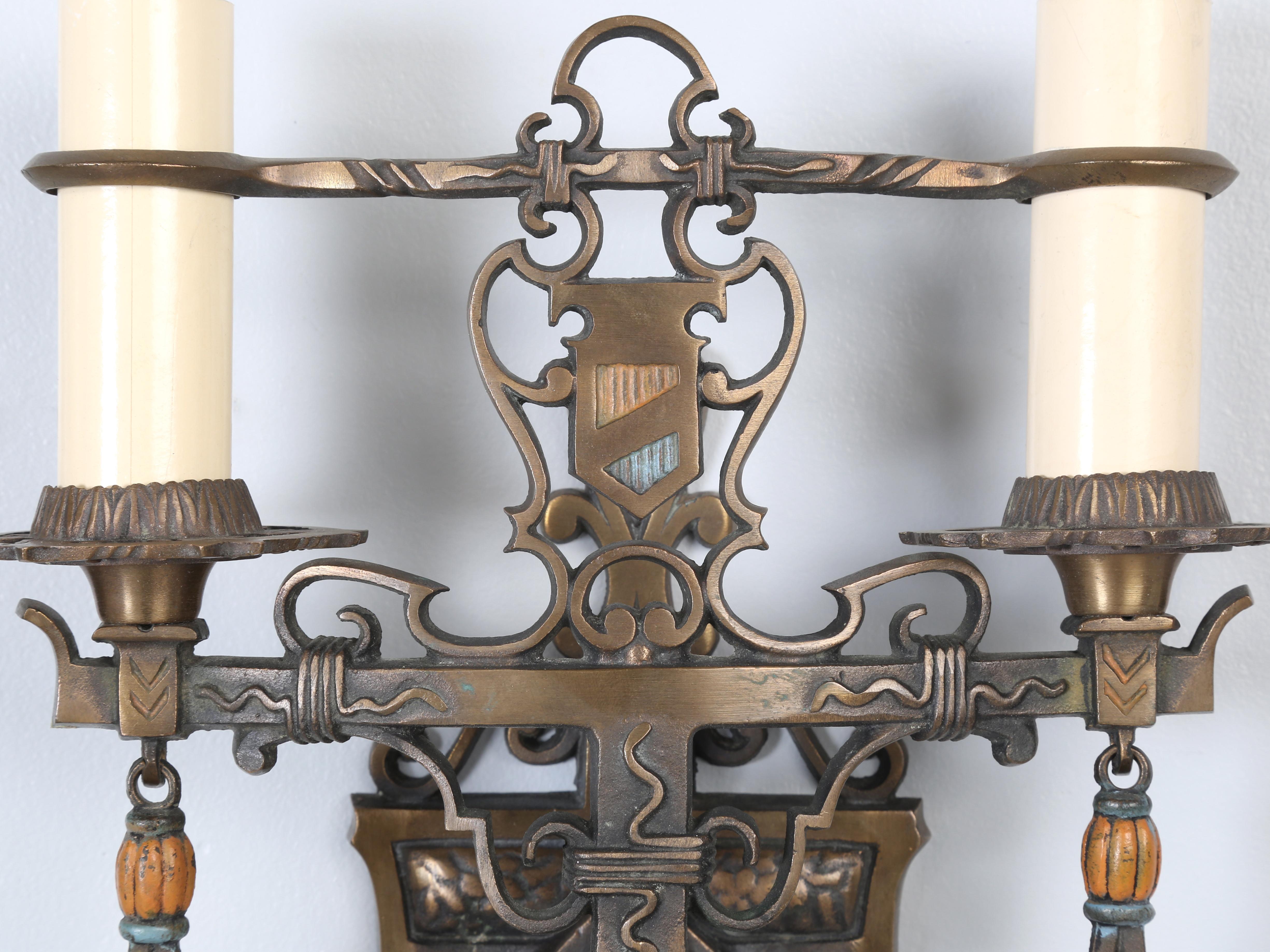 Cast Pair Brass Sconces Removed from a Historic Howard Van Doren Shaw Home c1909 For Sale