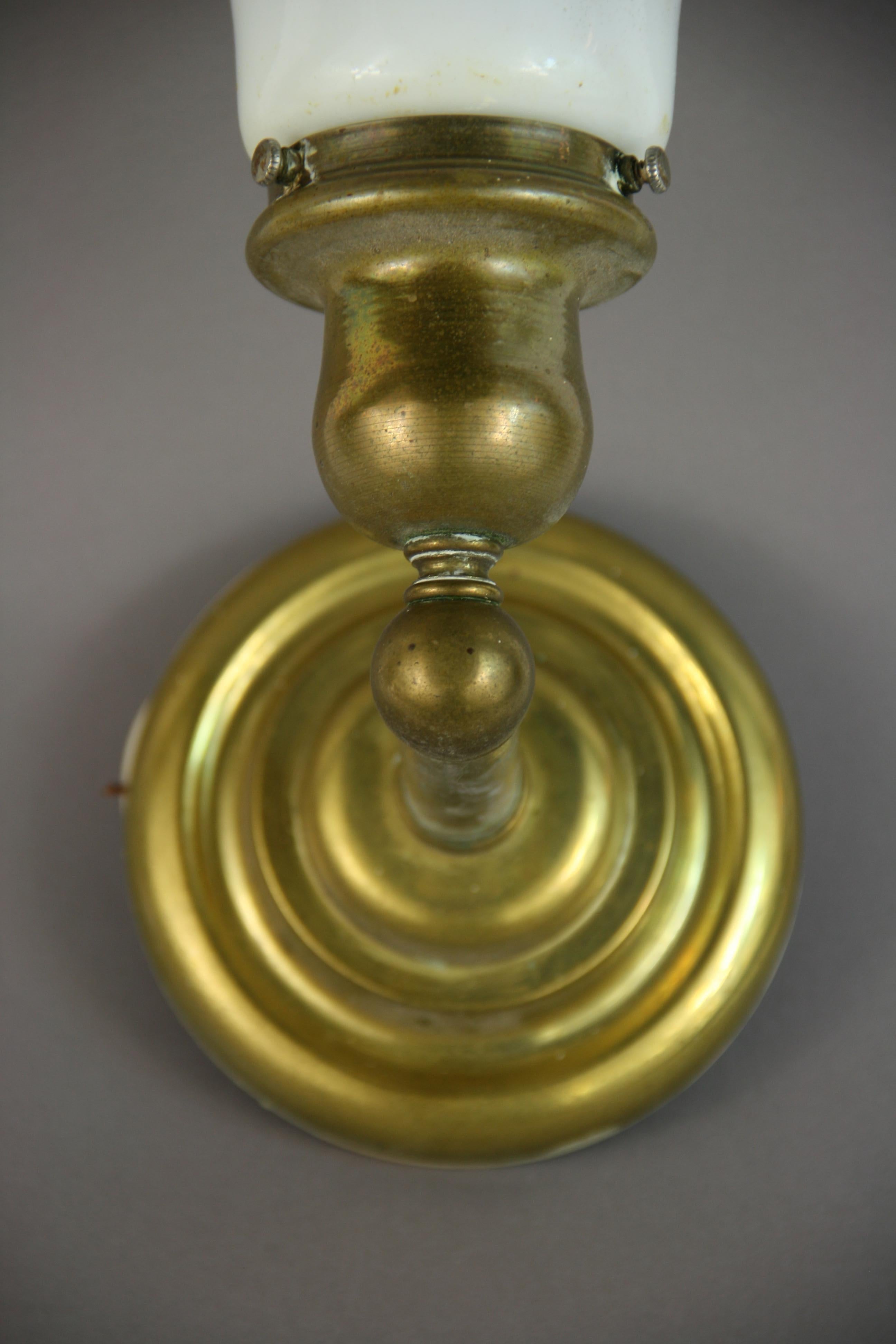 Pair of Brass Sconces with Opaline Glass Shade, circa 1940s In Good Condition In Douglas Manor, NY