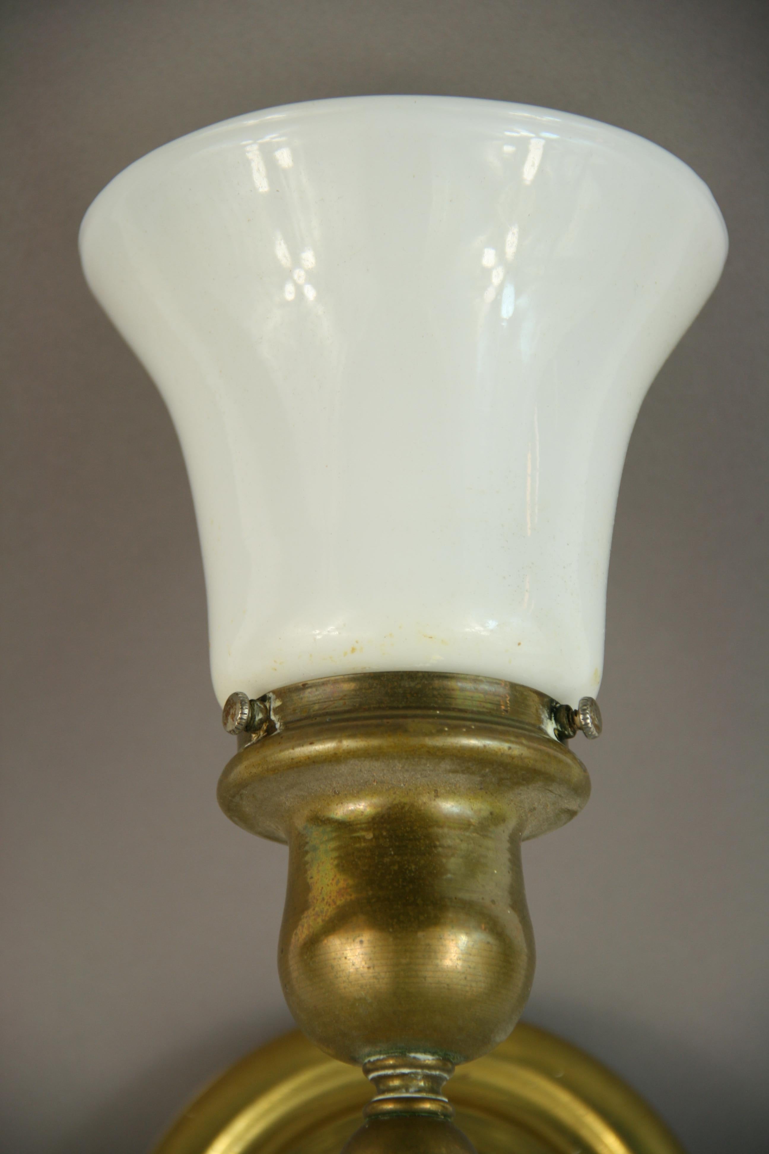 Mid-20th Century Pair of Brass Sconces with Opaline Glass Shade, circa 1940s