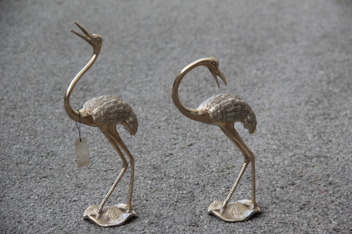 Pair of Brass Sculptures of 1960 Gold Colored Flamingos Solid Brass For Sale 1