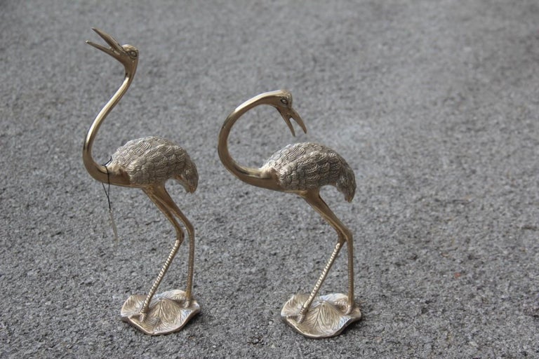 Pair of Brass Sculptures of 1960 Gold Colored Flamingos Solid Brass For Sale 2