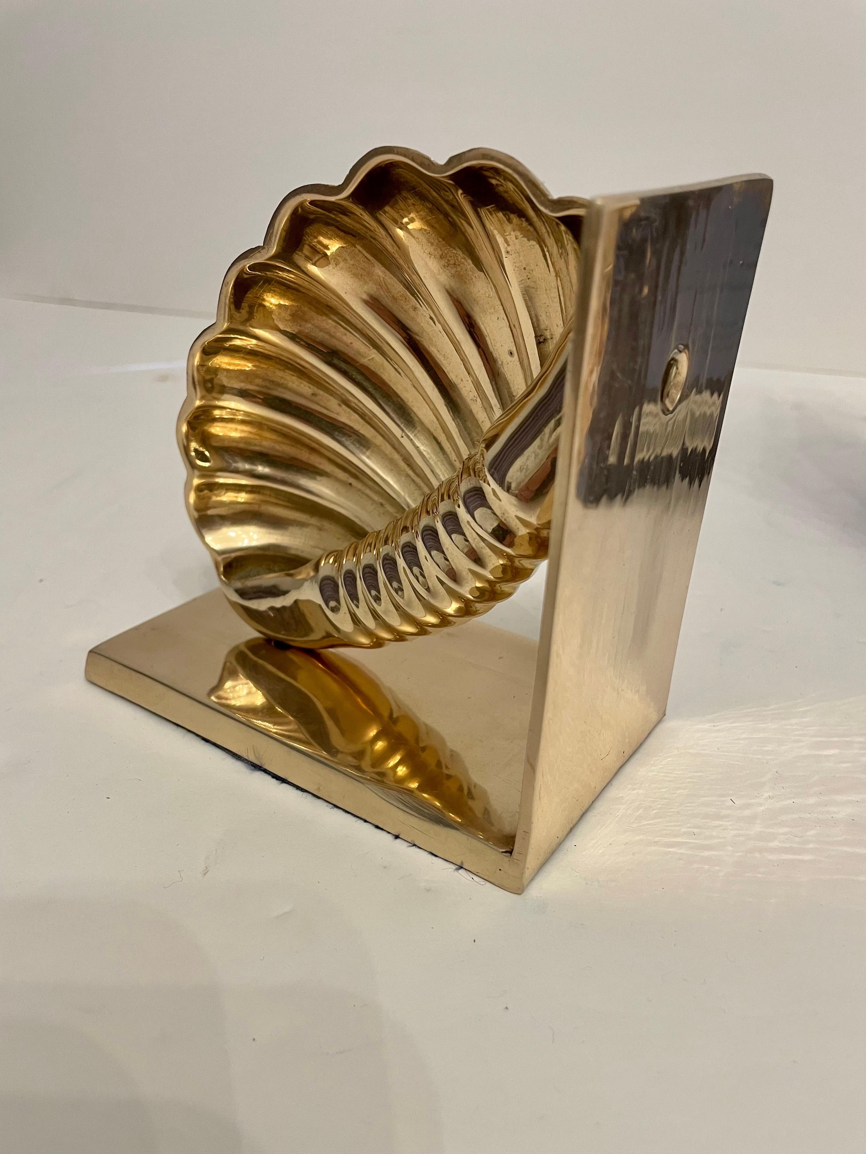Hollywood Regency Pair Brass Seashell Nautilus Bookends For Sale