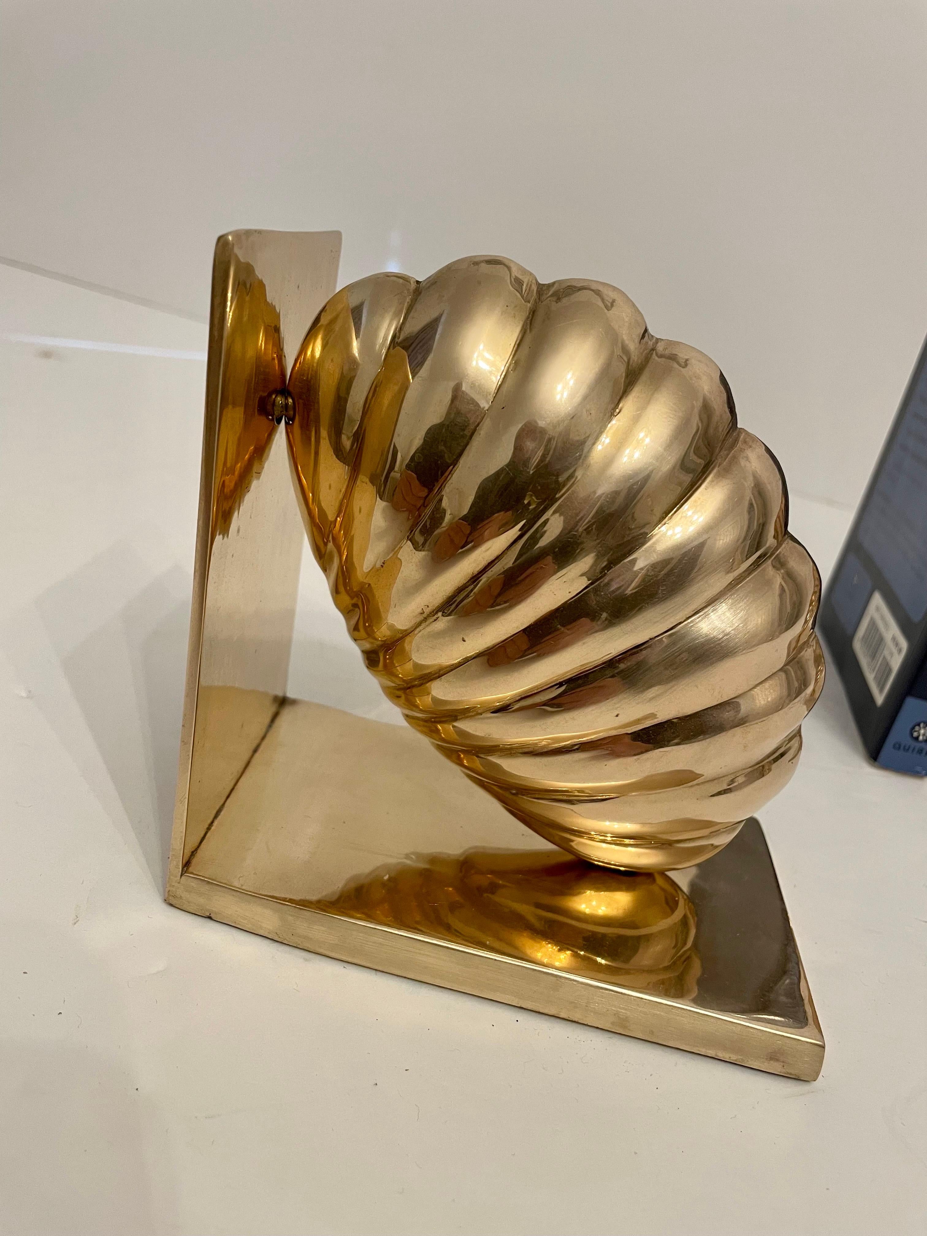 Cast Pair Brass Seashell Nautilus Bookends For Sale