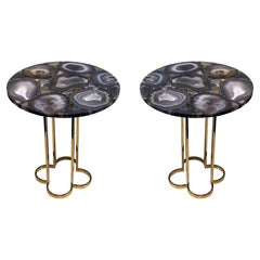 Pair Brass Side Tables with Round Agate Stone Tops