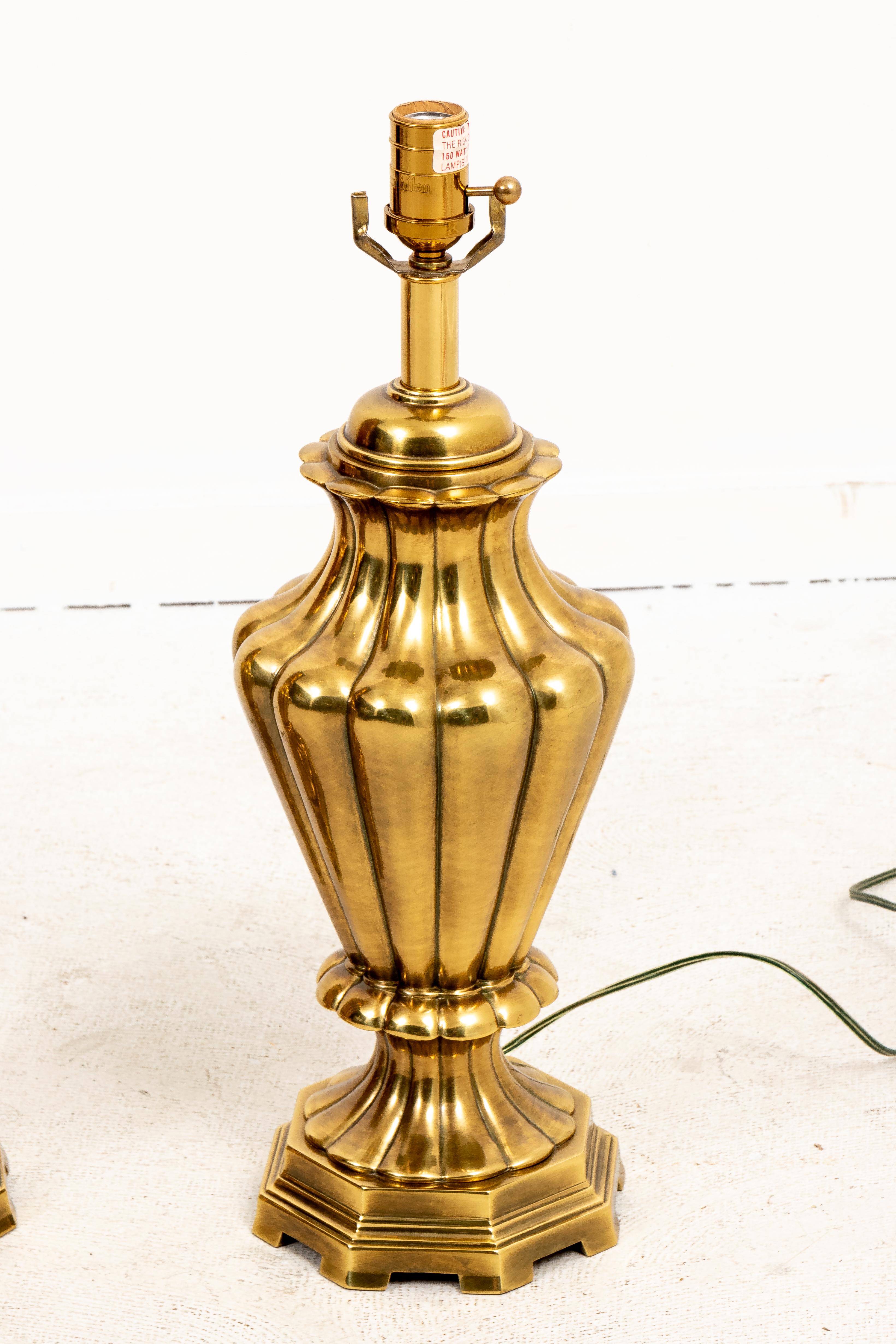 Pair of brass table lamps. Rewired and ready to use. Nice urn shaped body. Very good quality. 30