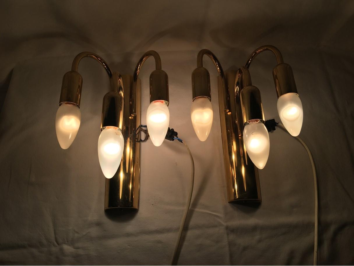 Pair of Brass Three Arms Sputnik Sconces, 1960s, Germany For Sale 5
