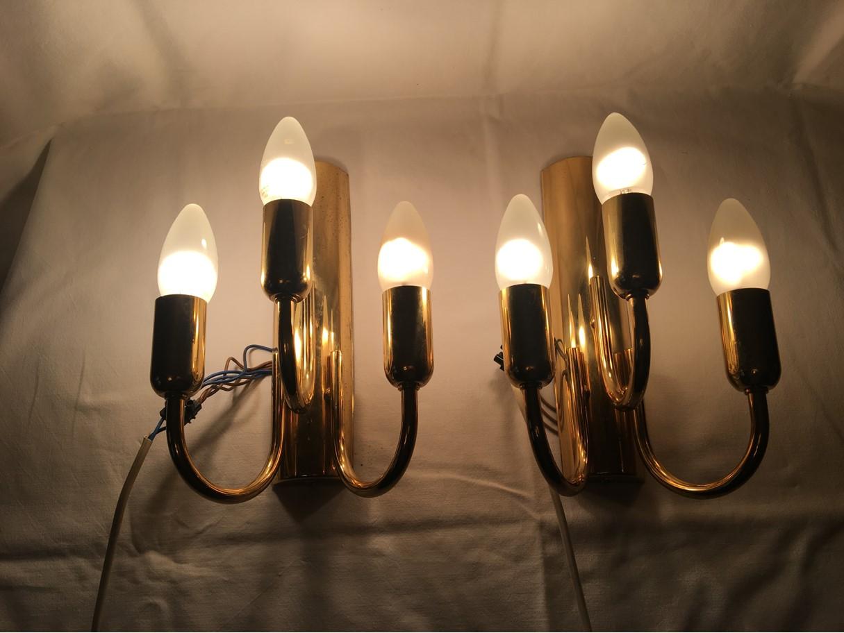 Pair of Brass Three Arms Sputnik Sconces, 1960s, Germany For Sale 6