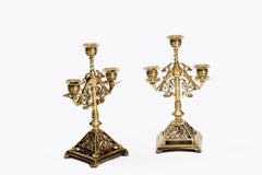 Pair Brass Three Branch Candlesticks