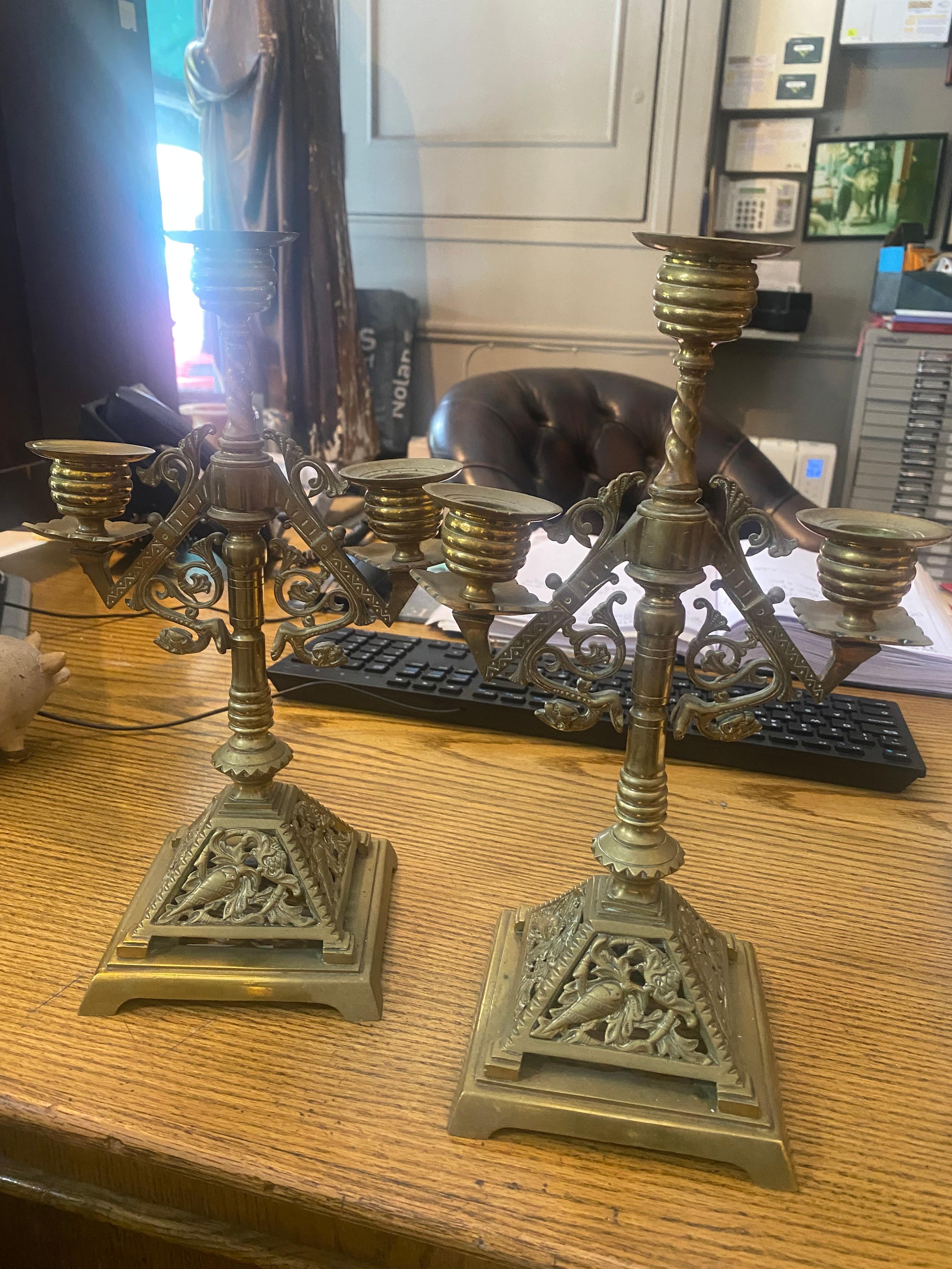 Egyptian Revival Pair Brass Three Branch Candlesticks For Sale