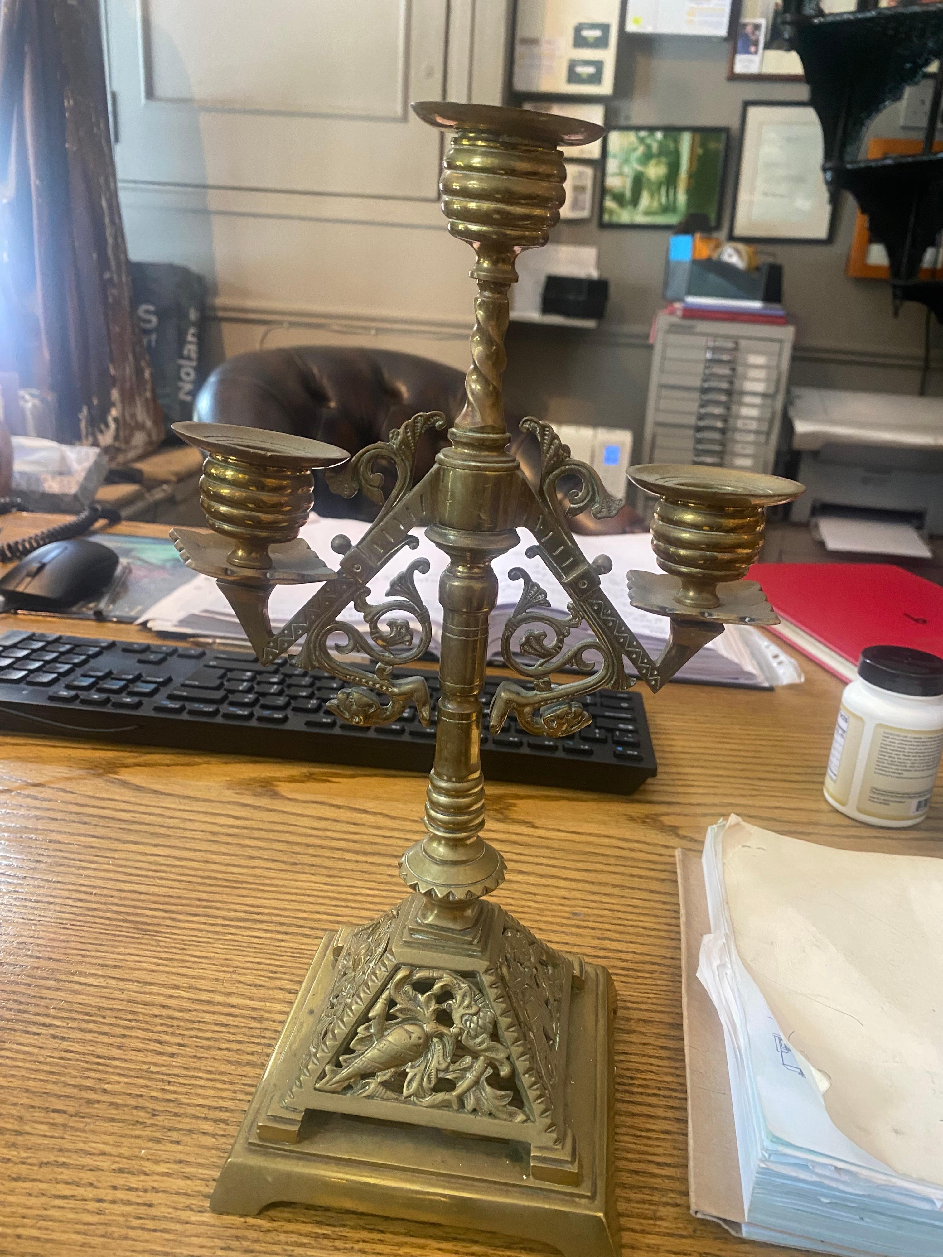 European Pair Brass Three Branch Candlesticks For Sale