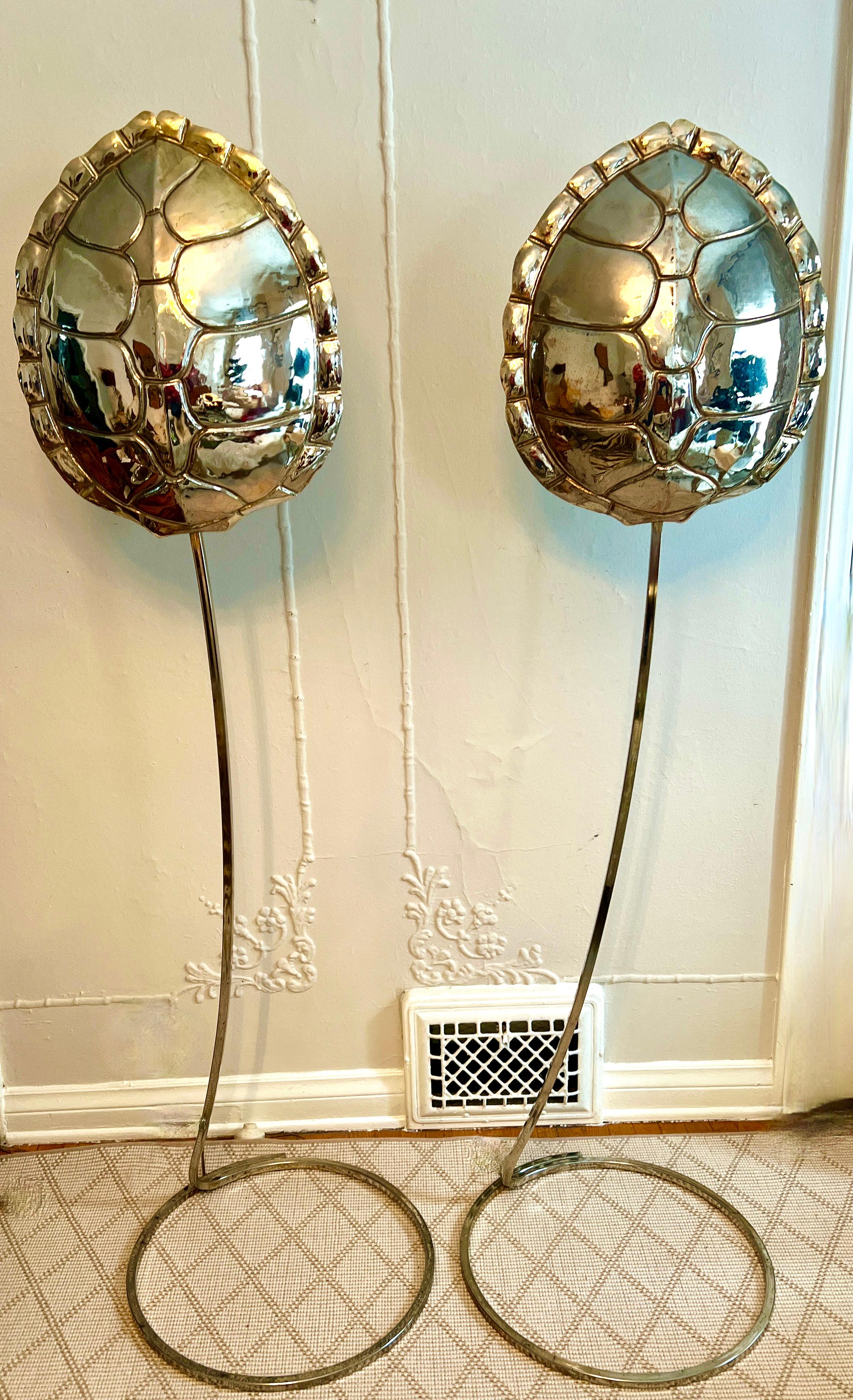 Patinated Pair Brass Tortoise Chapman Floor Lamps in the Style of Tommoso Barbi For Sale