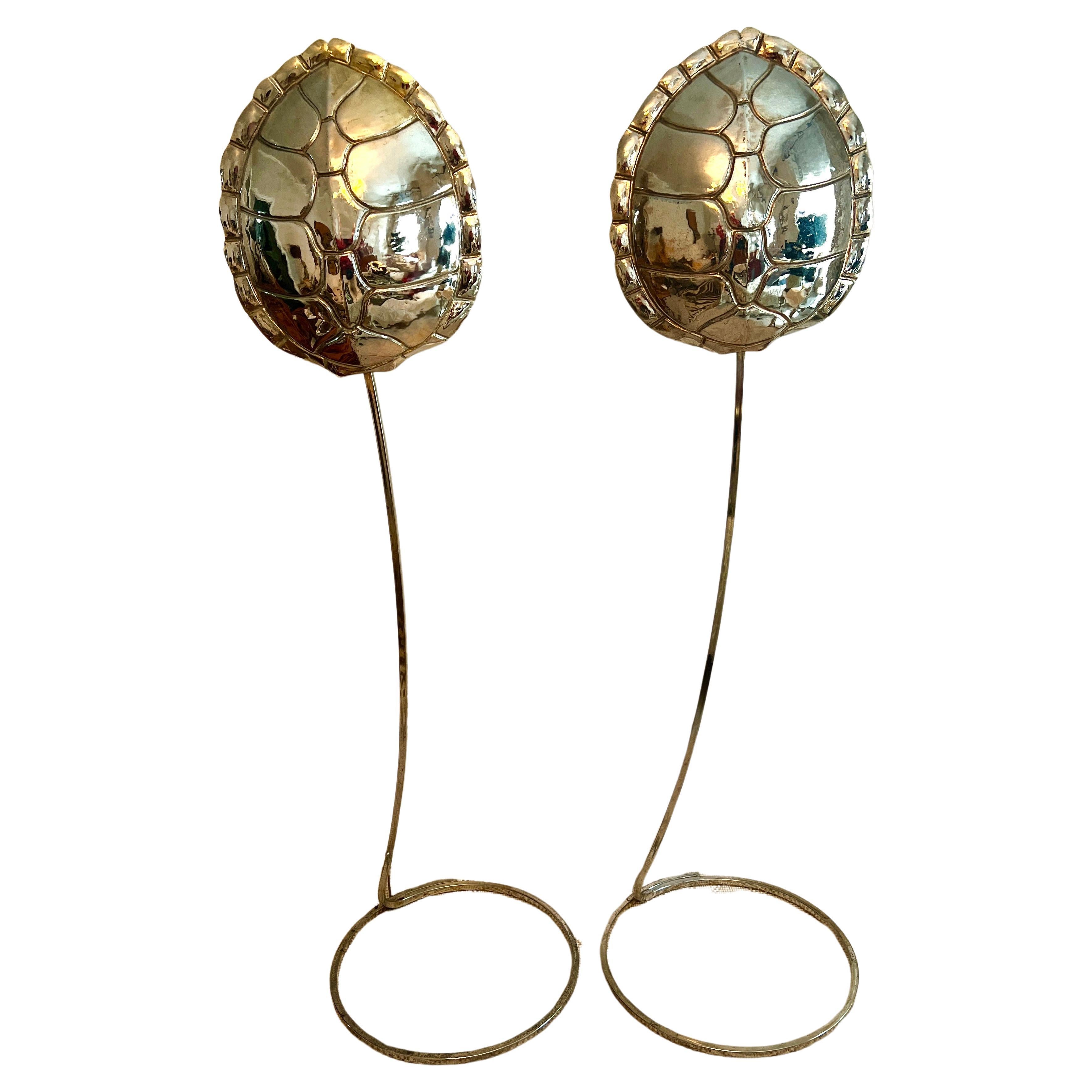 Pair Brass Tortoise Chapman Floor Lamps in the Style of Tommoso Barbi For Sale