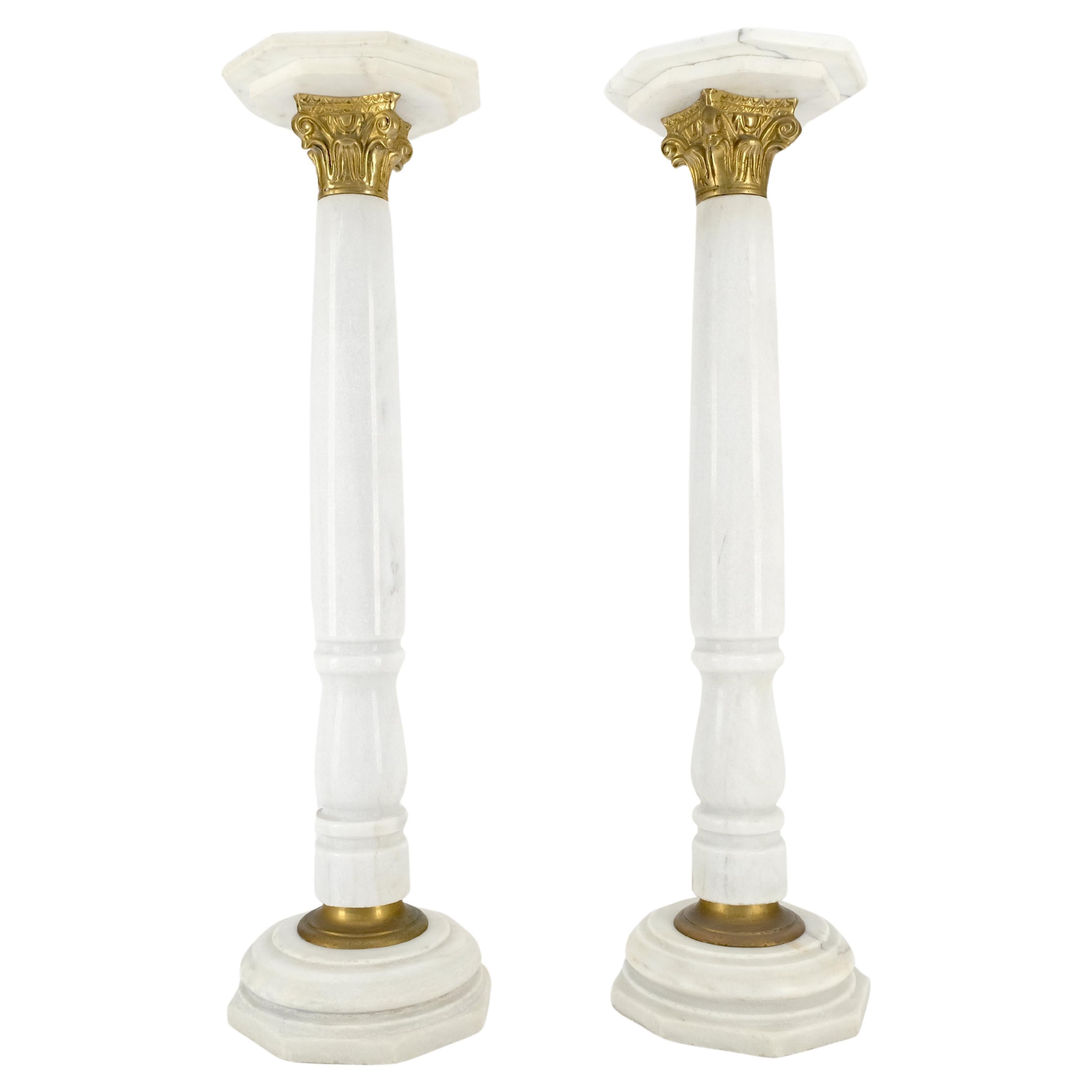 Pair Brass & Turned White Marble Bases Octagonal Tops Columns Pedestals MINT!