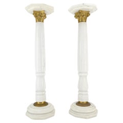 Vintage Pair Brass & Turned White Marble Bases Octagonal Tops Columns Pedestals MINT!