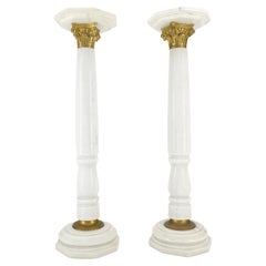 Pair Brass & Turned White Marble Bases Octagonal Tops Columns Pedestals MINT!