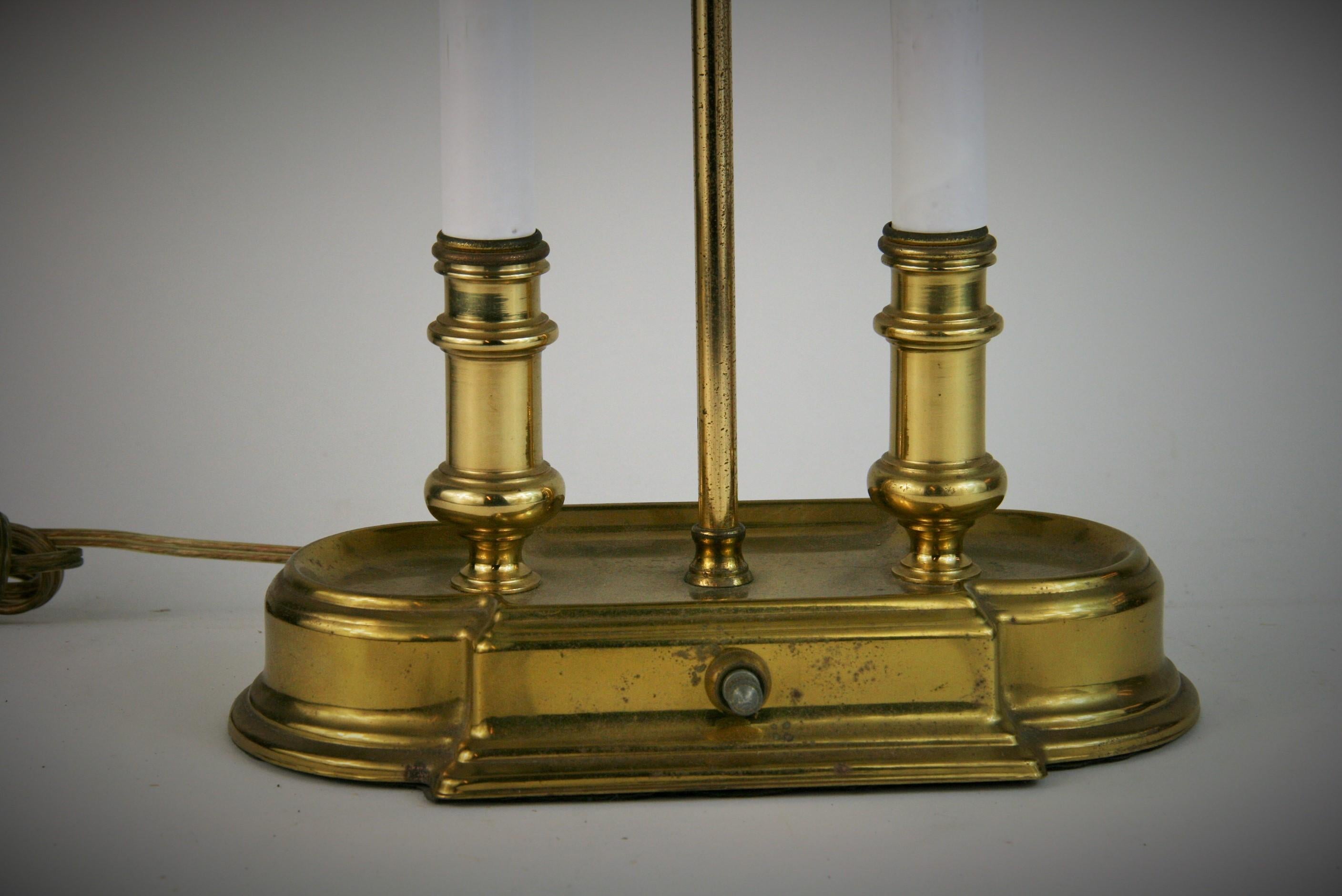 Late 20th Century Pair Bouillotte Brass Two-Light Lamps with Black Shades For Sale