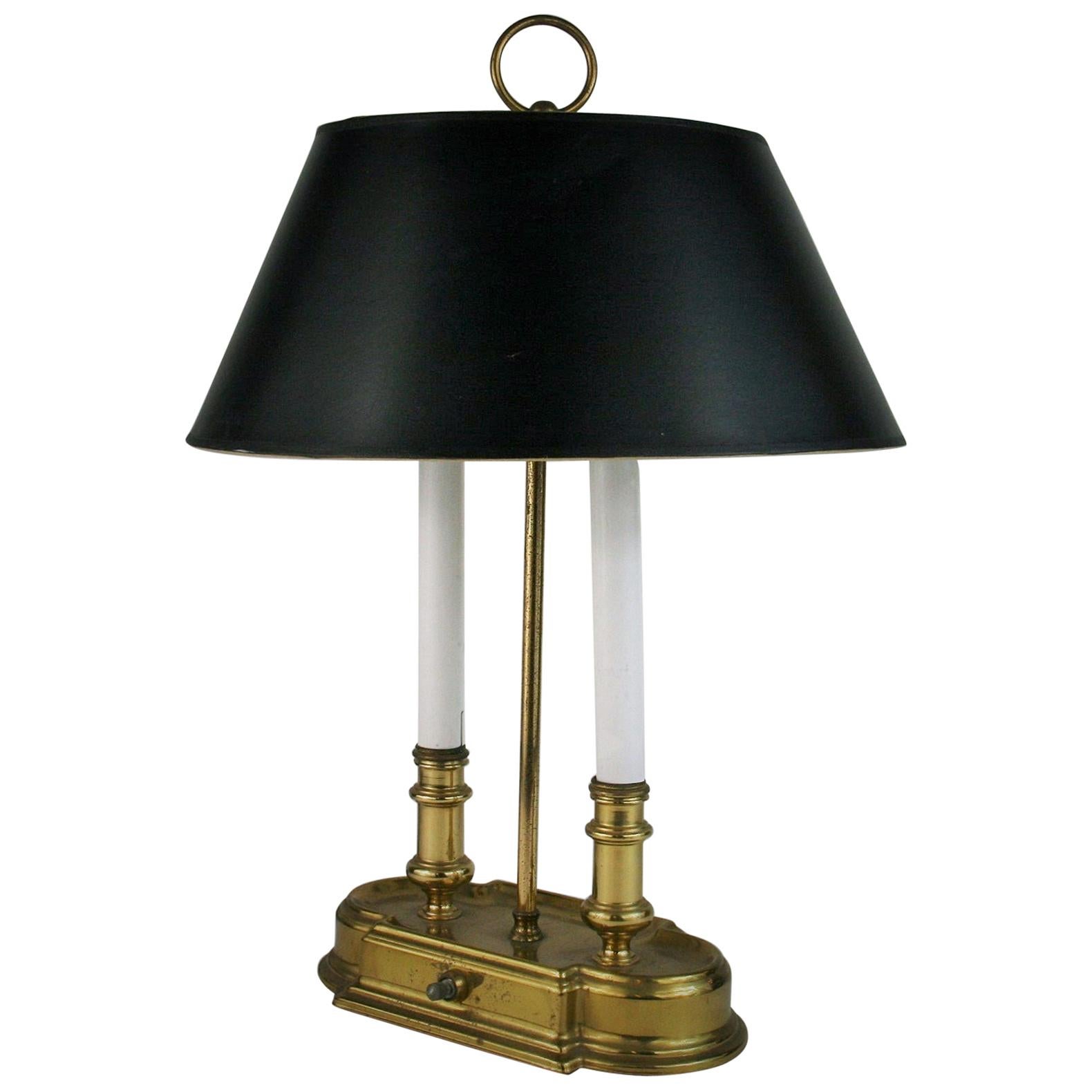 Pair Bouillotte Brass Two-Light Lamps with Black Shades