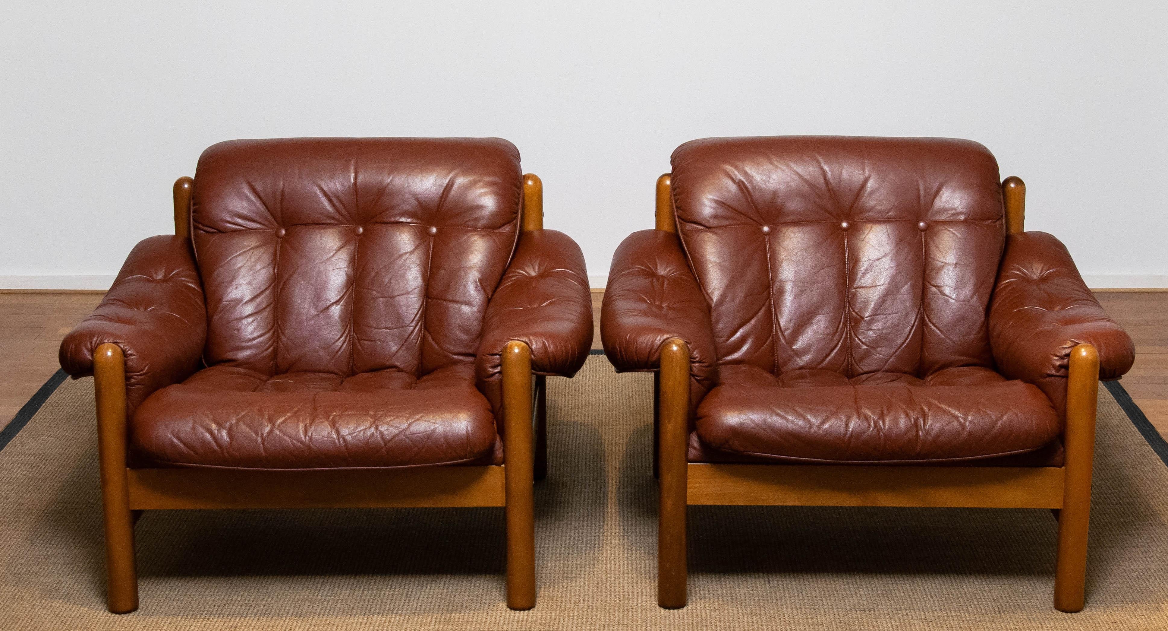 Pair Brazilian Style Brutalist Lounge Chairs in Brown Leather by Göte Möbler 70s 5
