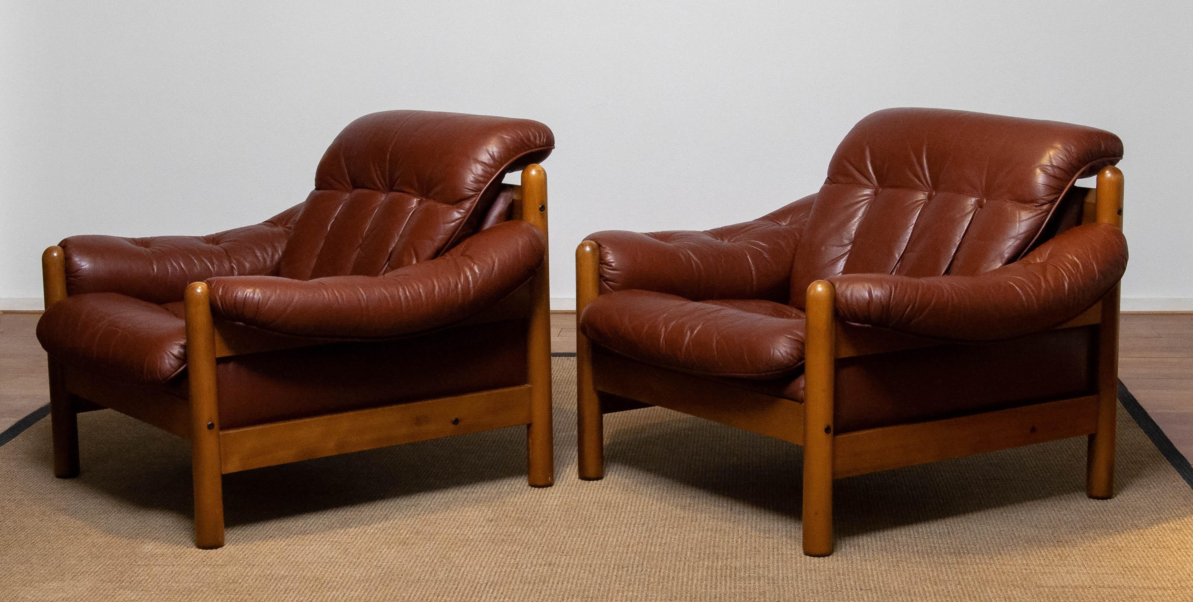 Swedish Pair Brazilian Style Brutalist Lounge Chairs in Brown Leather by Göte Möbler 70s