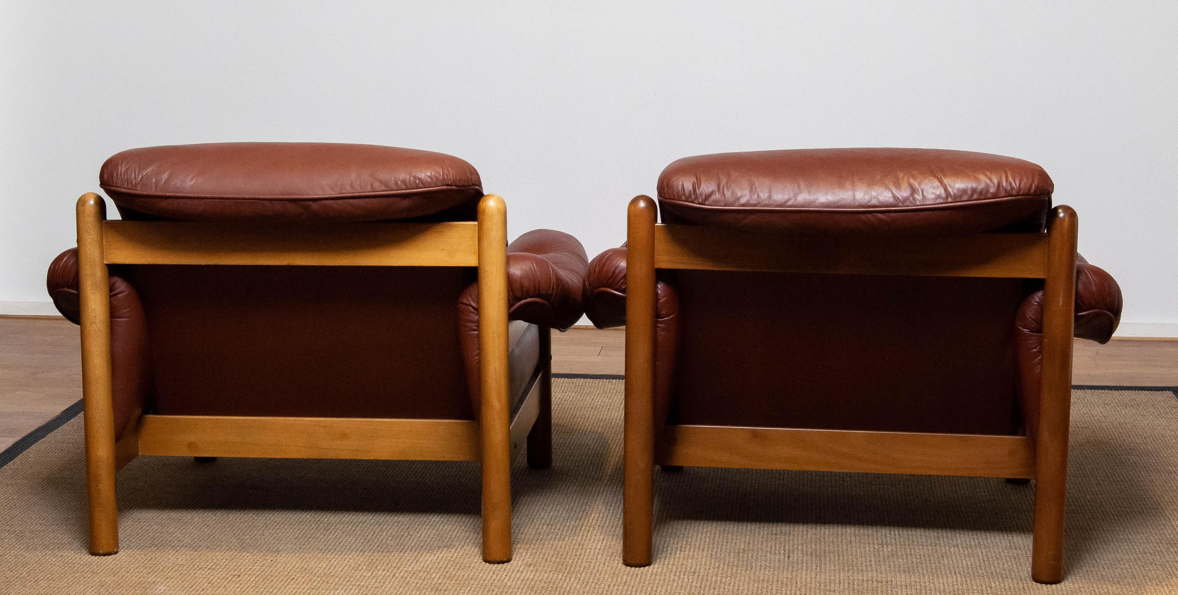 Late 20th Century Pair Brazilian Style Brutalist Lounge Chairs in Brown Leather by Göte Möbler 70s