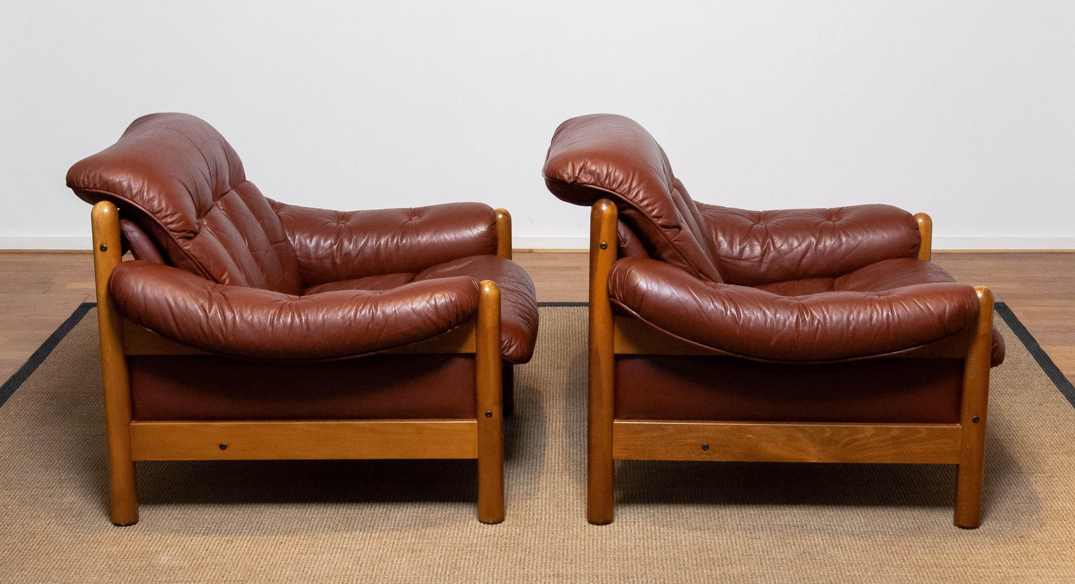Pair Brazilian Style Brutalist Lounge Chairs in Brown Leather by Göte Möbler 70s 1