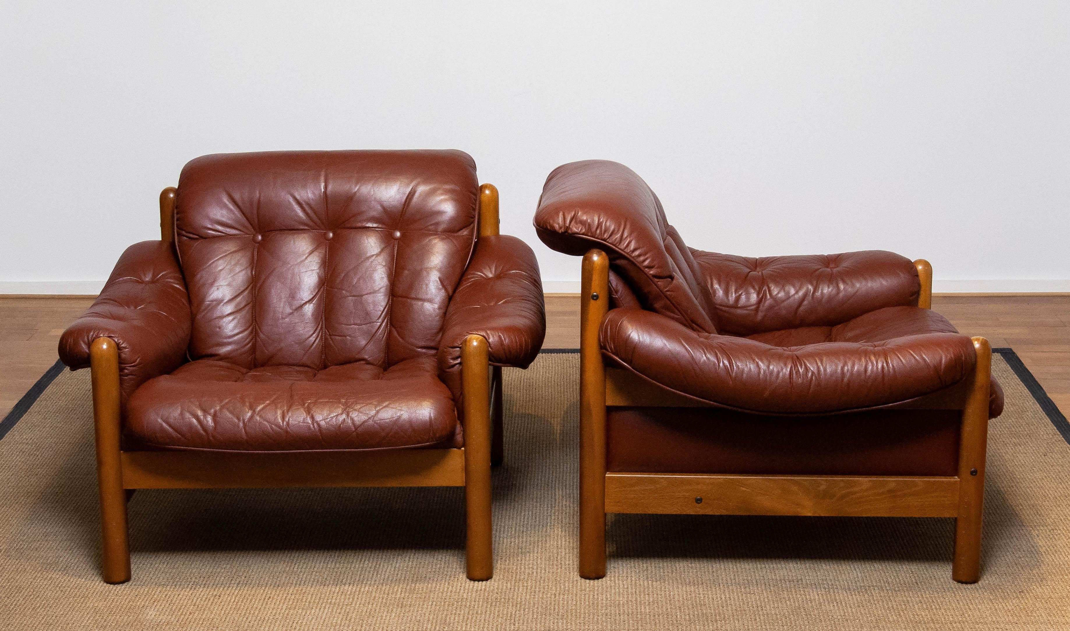 Pair Brazilian Style Brutalist Lounge Chairs in Brown Leather by Göte Möbler 70s 3
