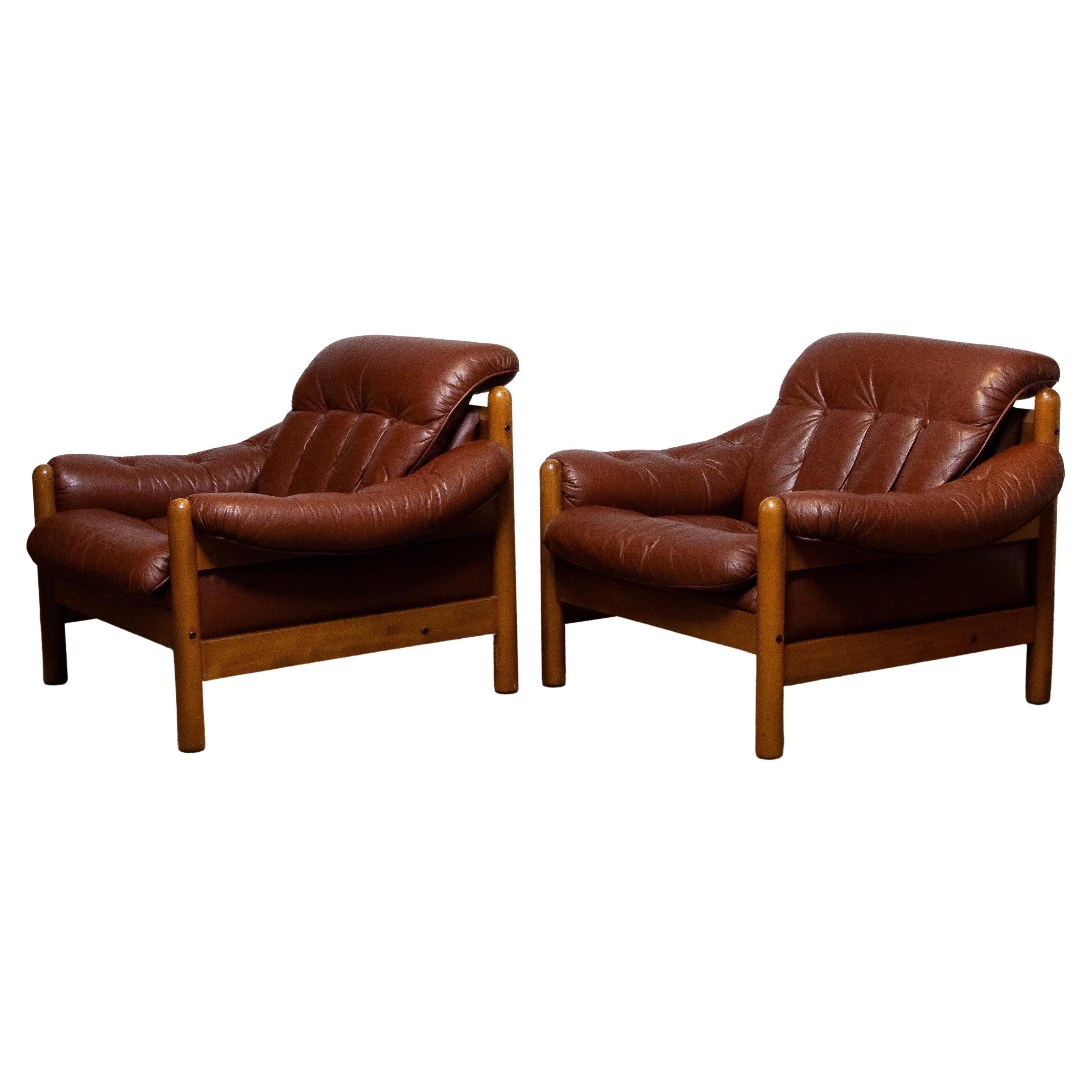 Pair Brazilian Style Brutalist Lounge Chairs in Brown Leather by Göte Möbler 70s