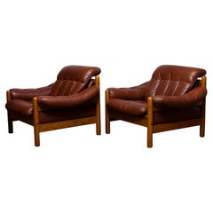 Pair Brazilian Style Brutalist Lounge Chairs in Brown Leather by Göte Möbler 70s