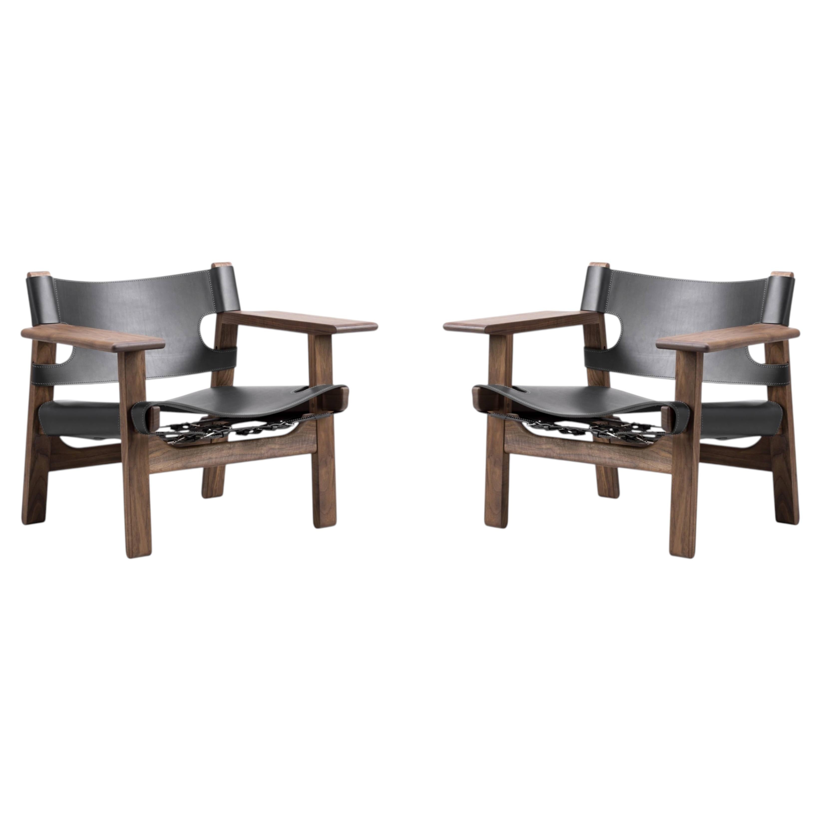 Pair of Børge Mogensen's, The Spanish Chair, Black Leather/Oiled Walnut