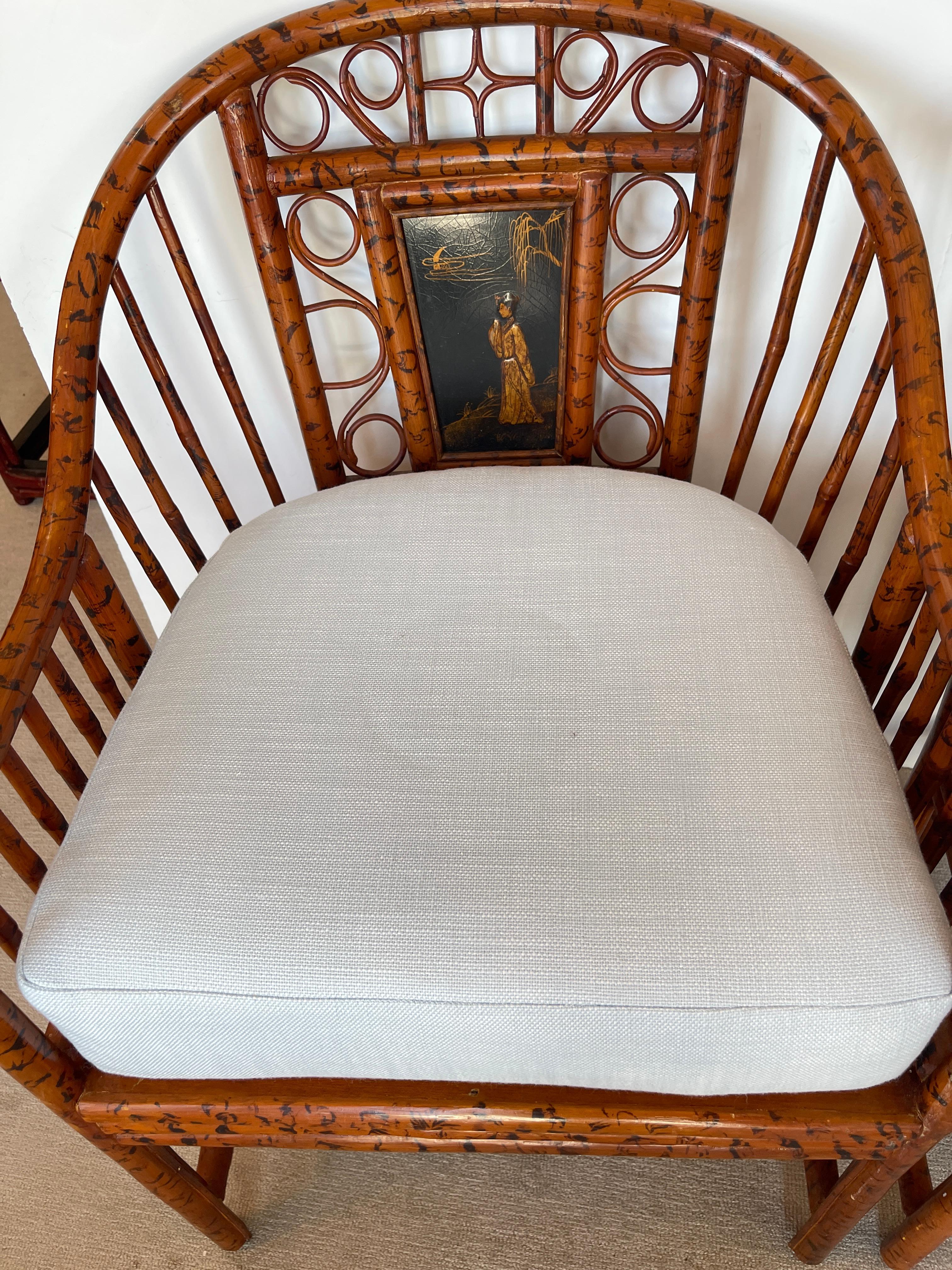 British Colonial Pair Brighton Pavillon Burnt Bamboo Cane Chairs Pale Blue Cushions For Sale