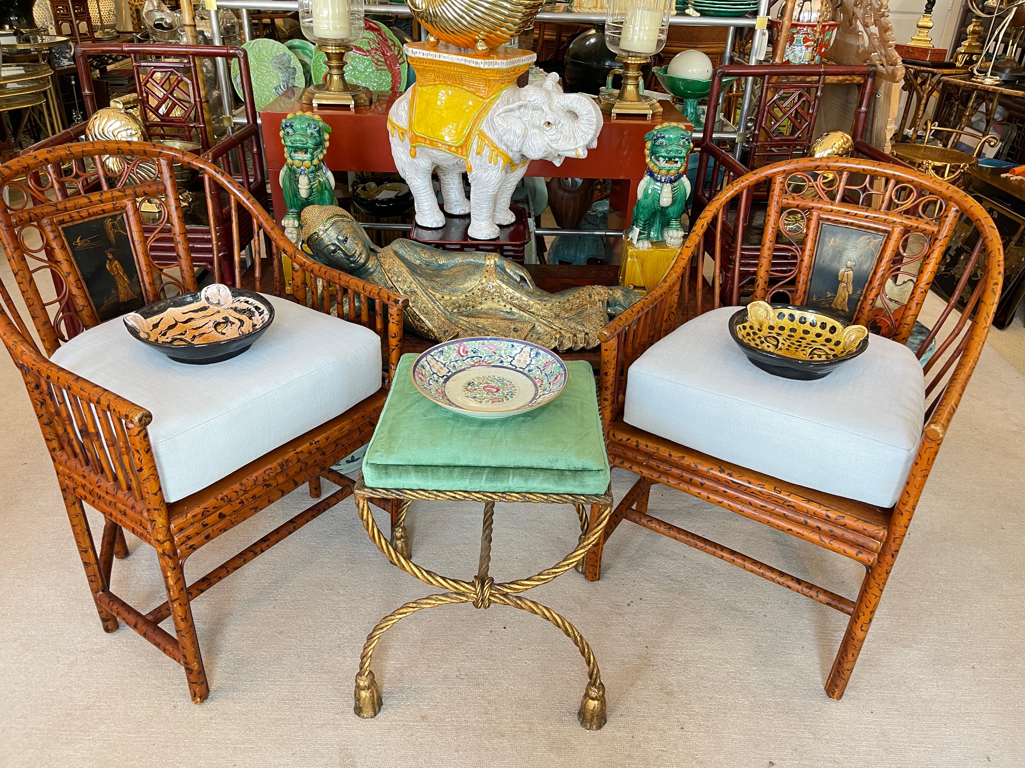 Hand-Crafted Pair Brighton Pavillon Burnt Bamboo Cane Chairs Pale Blue Cushions For Sale