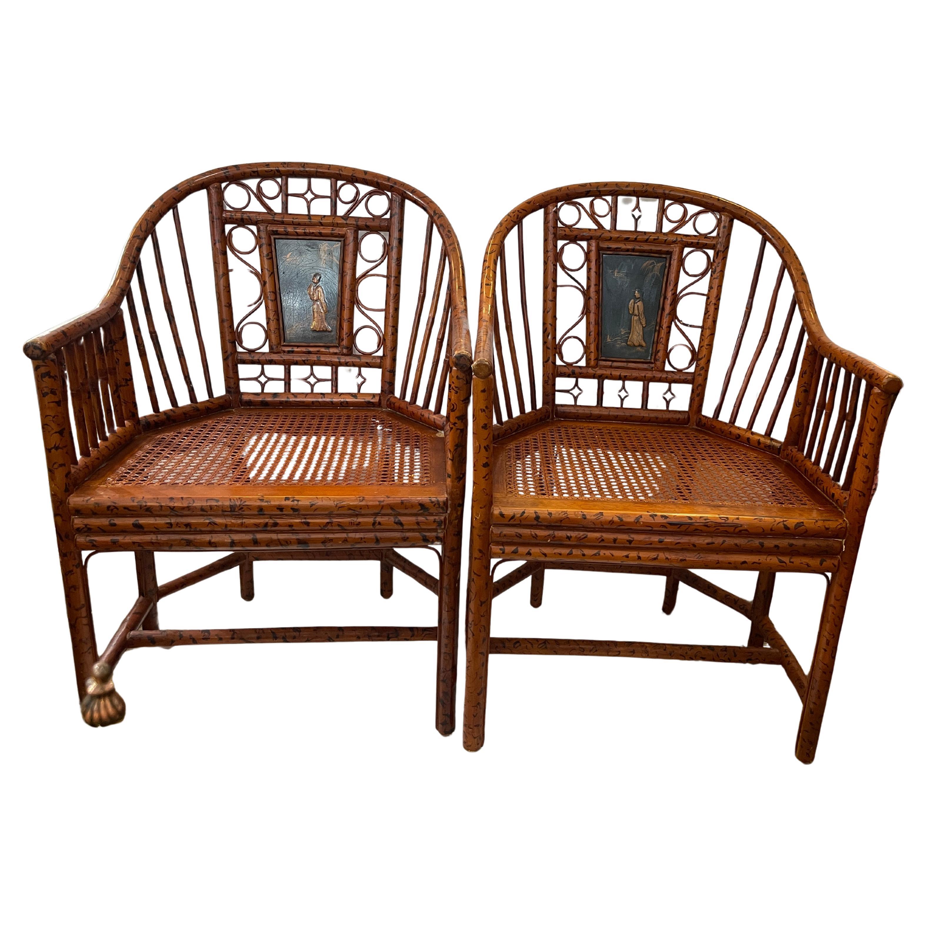 Pair Brighton Pavillon Style  Burnt Bamboo & Cane Chairs Early 20Th C