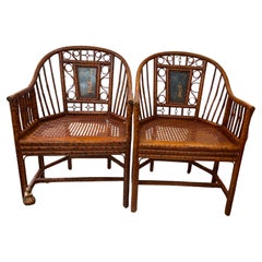 Antique Pair Brighton Pavillon Style  Burnt Bamboo & Cane Chairs Early 20Th C