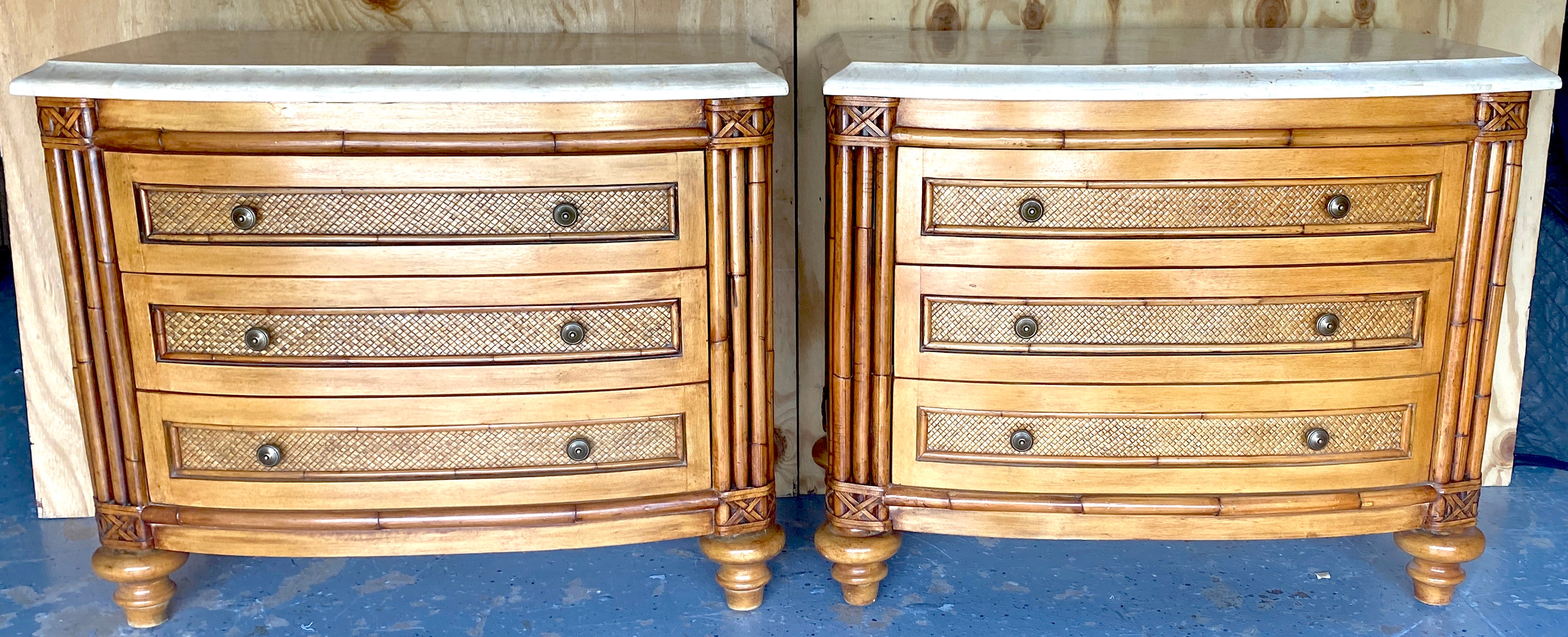 Pair British Colonial Style Bamboo, Rattan, Tessellated Stone Chests/Nightstands 

A pair of exquisite British Colonial Style Bamboo, Rattan, and Tessellated Stone Chests/Nightstands. These pieces are a testament to craftsmanship and style, offering