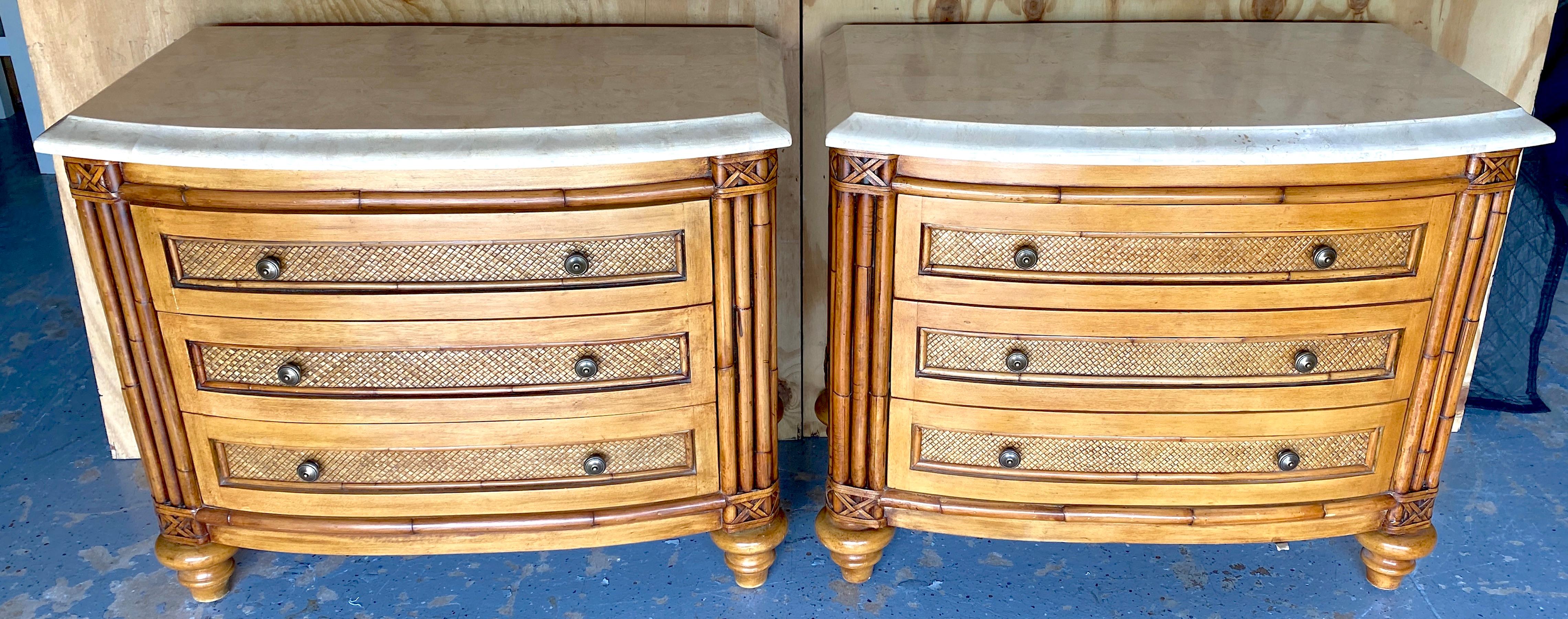 Pair British Colonial Style Bamboo, Rattan, Tessellated StoneChests/Nightstands  In Good Condition For Sale In West Palm Beach, FL