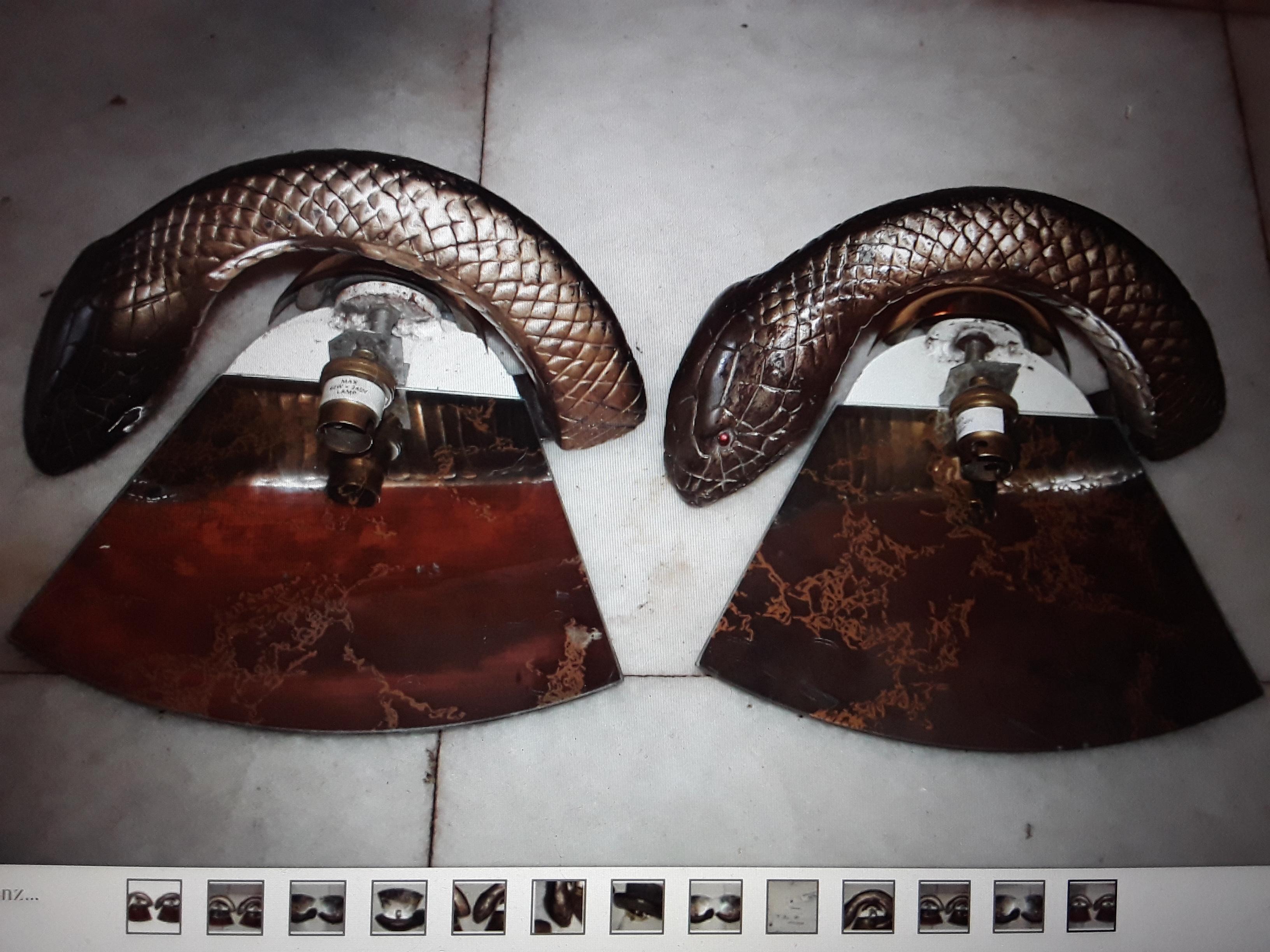 Pair of Stunning 1960's Designer Bronze Python Mirror Back Wall Sconces by 