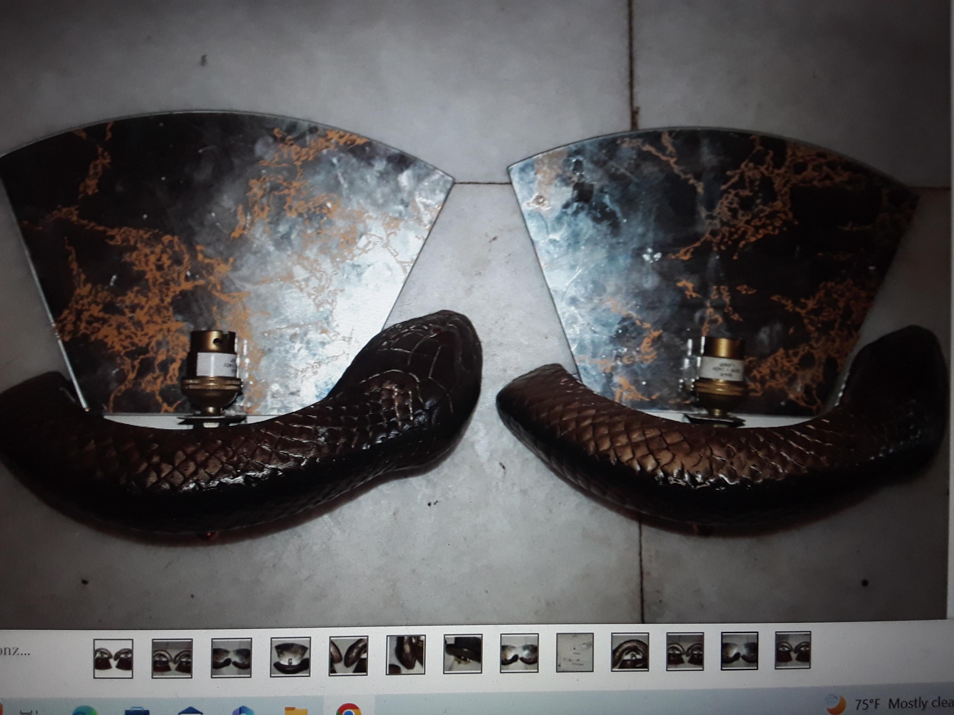 Mid-Century Modern Pair British Mid Century Modern Bronze Python Wall Sconces by Wilson Laidlaw For Sale