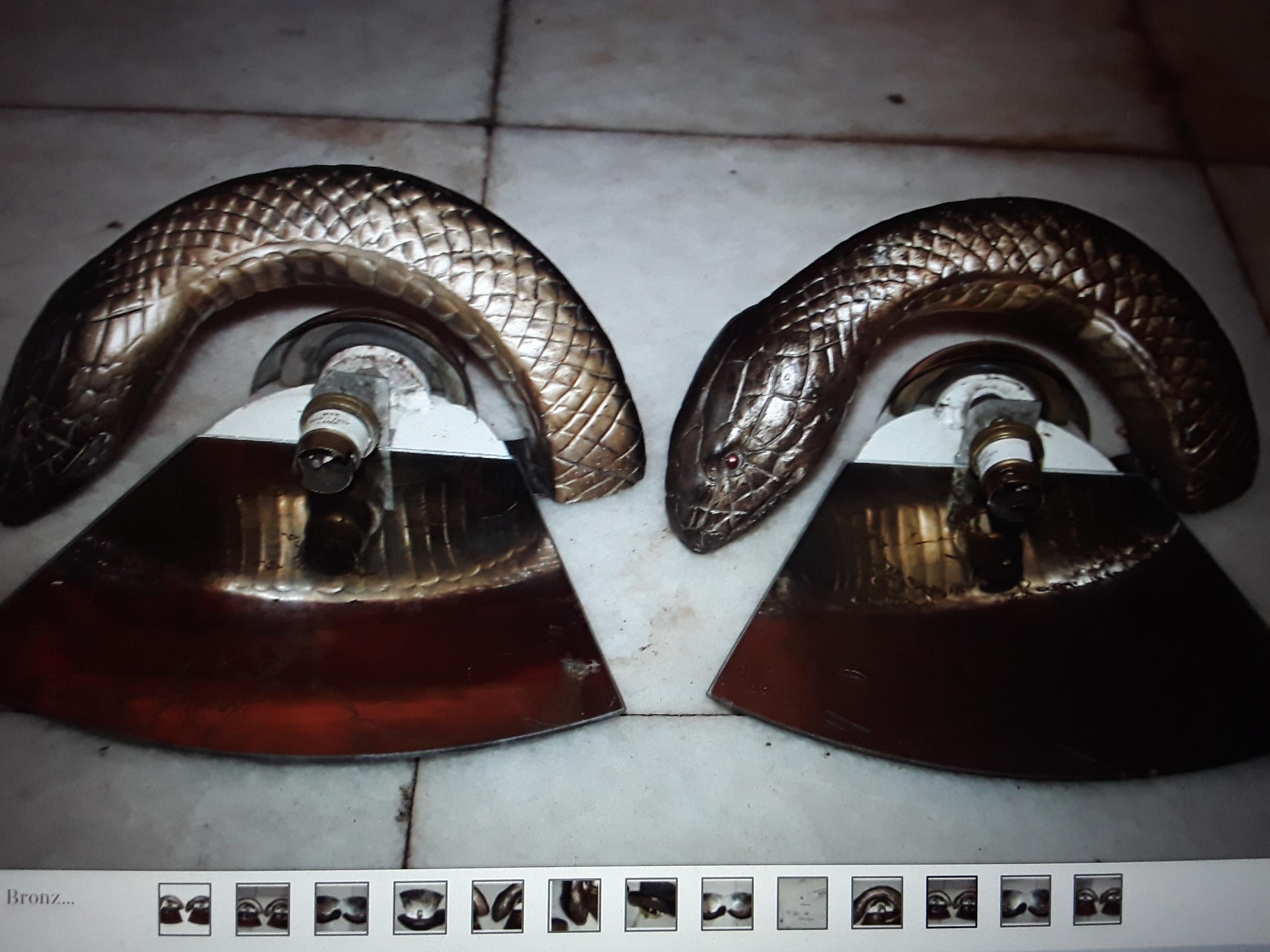 English Pair British Mid Century Modern Bronze Python Wall Sconces by Wilson Laidlaw  For Sale