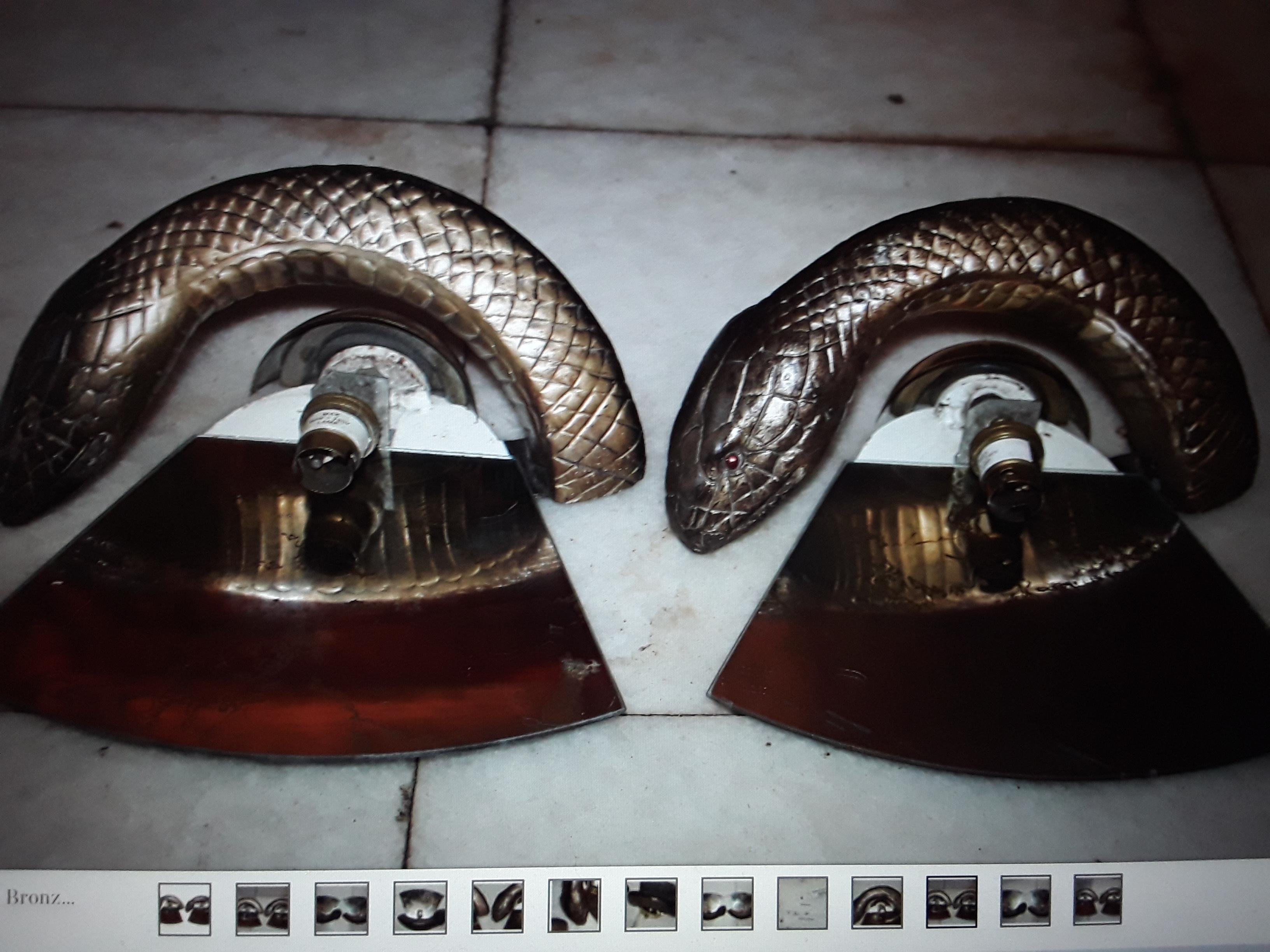English Pair British Mid Century Modern Bronze Python Wall Sconces by Wilson Laidlaw For Sale