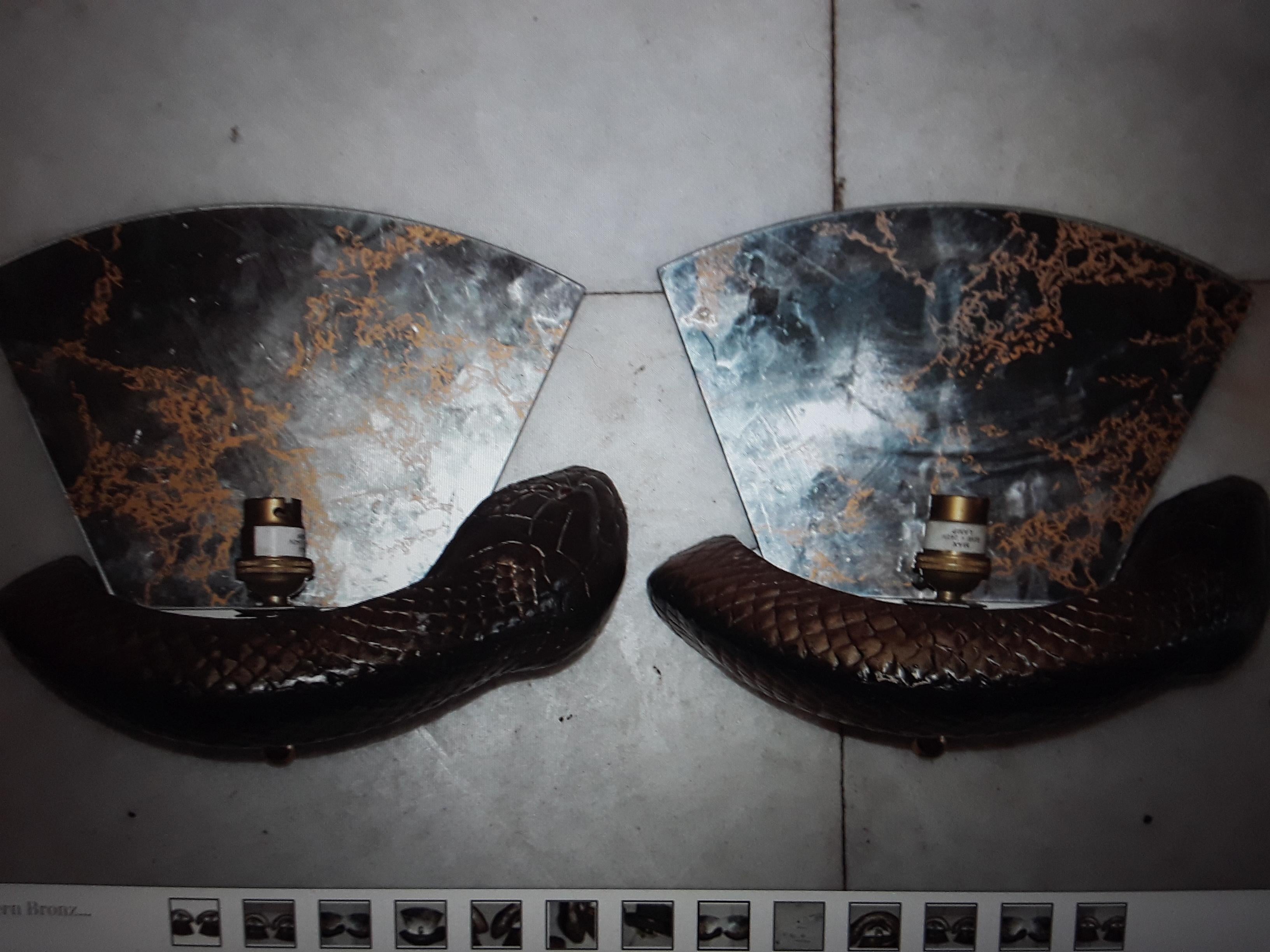 Pair British Mid Century Modern Bronze Python Wall Sconces by Wilson Laidlaw For Sale 2