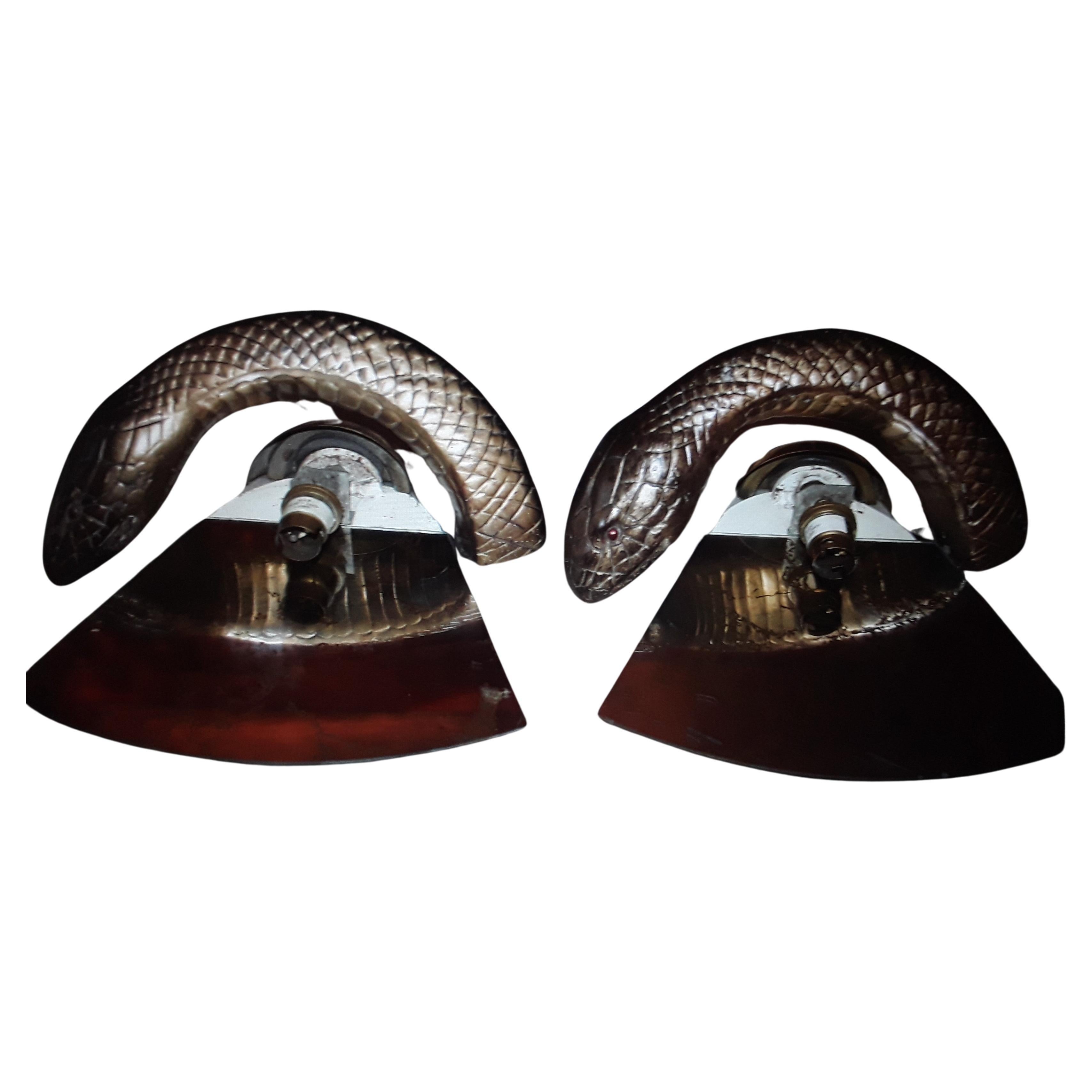 Pair British Mid Century Modern Bronze Python Wall Sconces by Wilson Laidlaw  For Sale