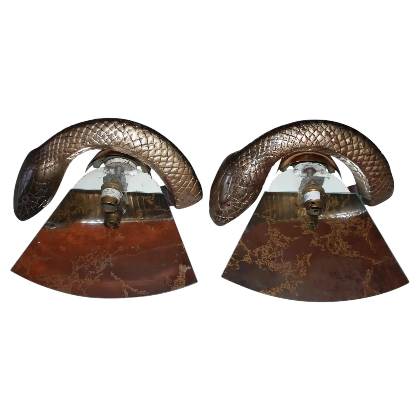 Pair British Mid Century Bronze Python Snakes Wall Sconces by Wilson Laidlaw For Sale