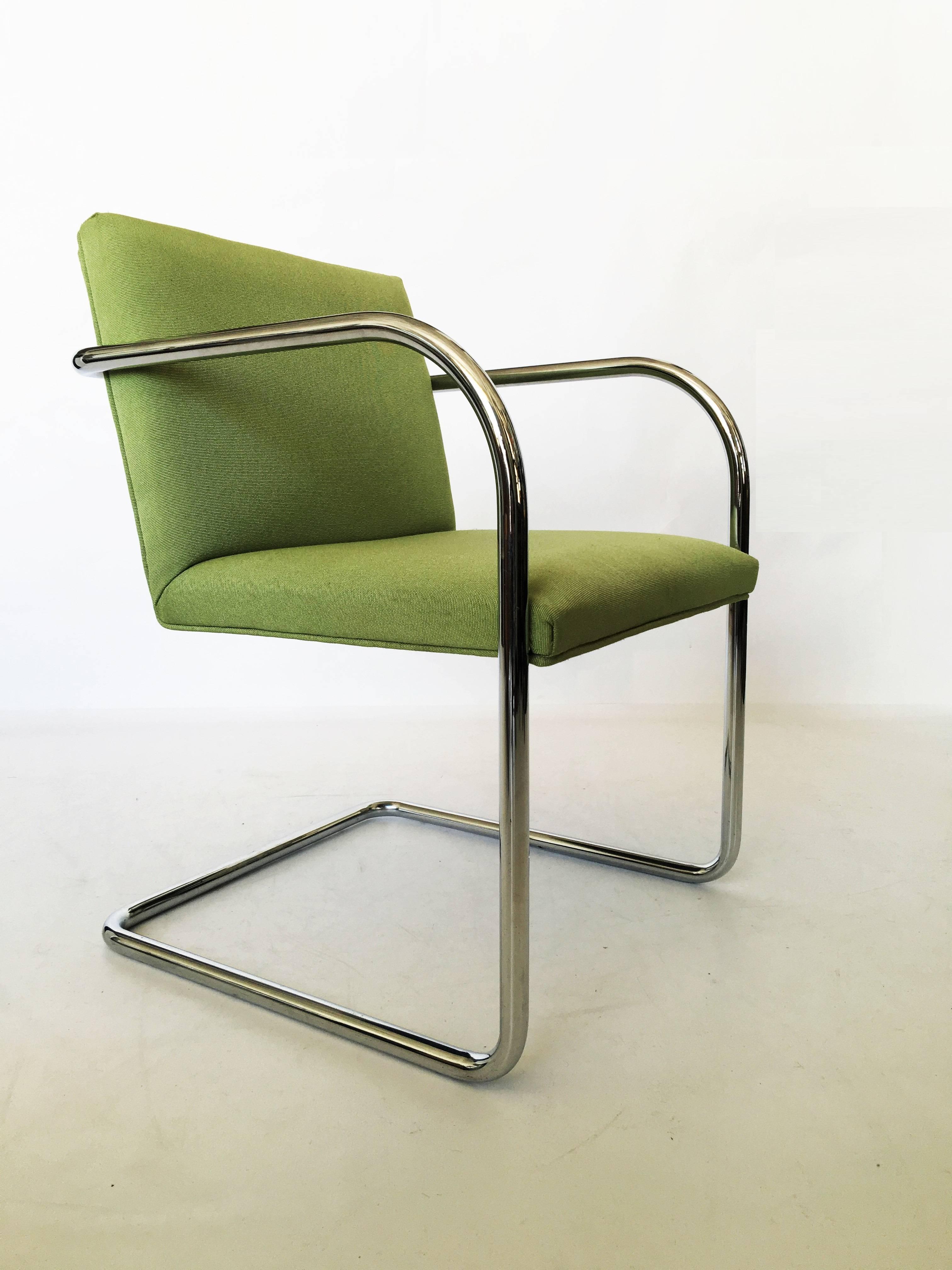 Beautiful pair of Brno chairs. The cantilevered frame is a single piece of tubular chromed steel. Seats are in their original green upholstery. Original vintage condition upholstery is recommended. Can be reupholstered in your choice of fabric.